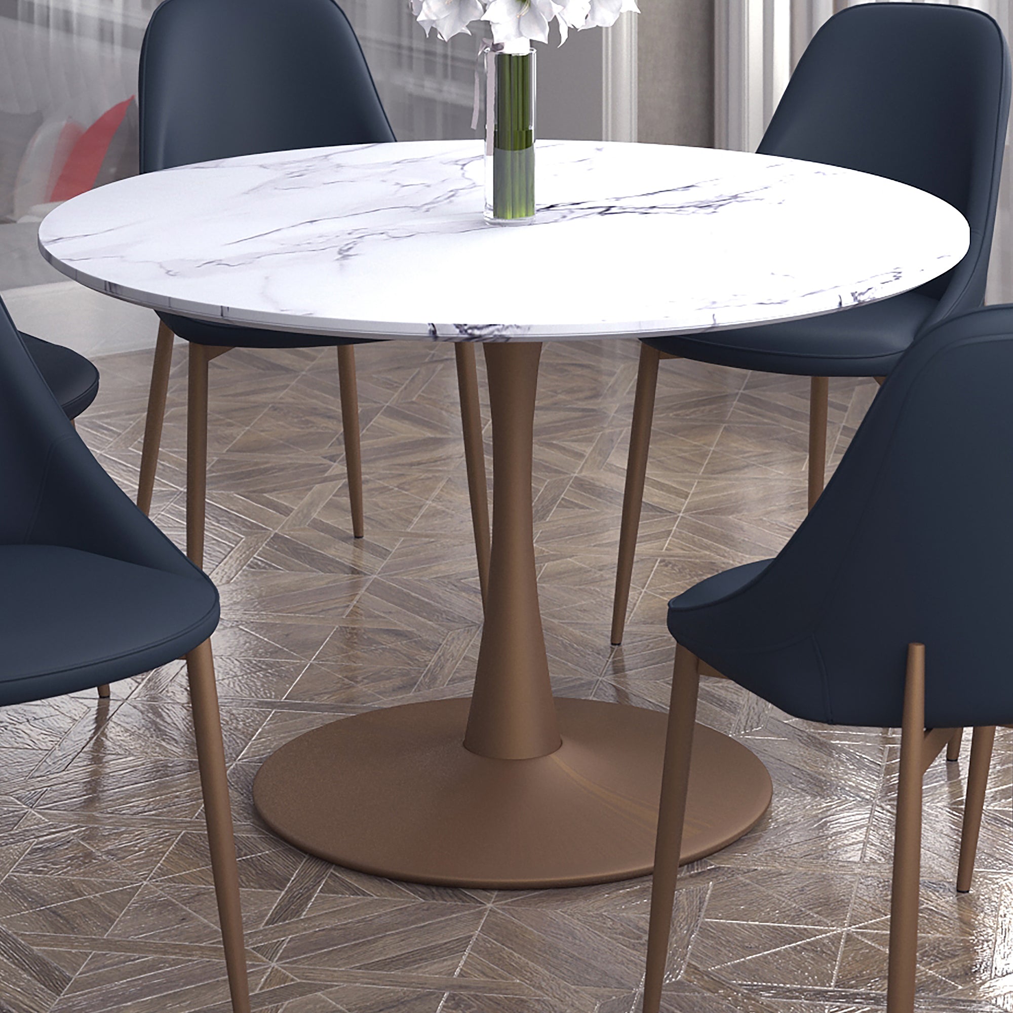Zilo Large Pedestal Dining Table - Aged Gold Faux Marble-DECOROLALA