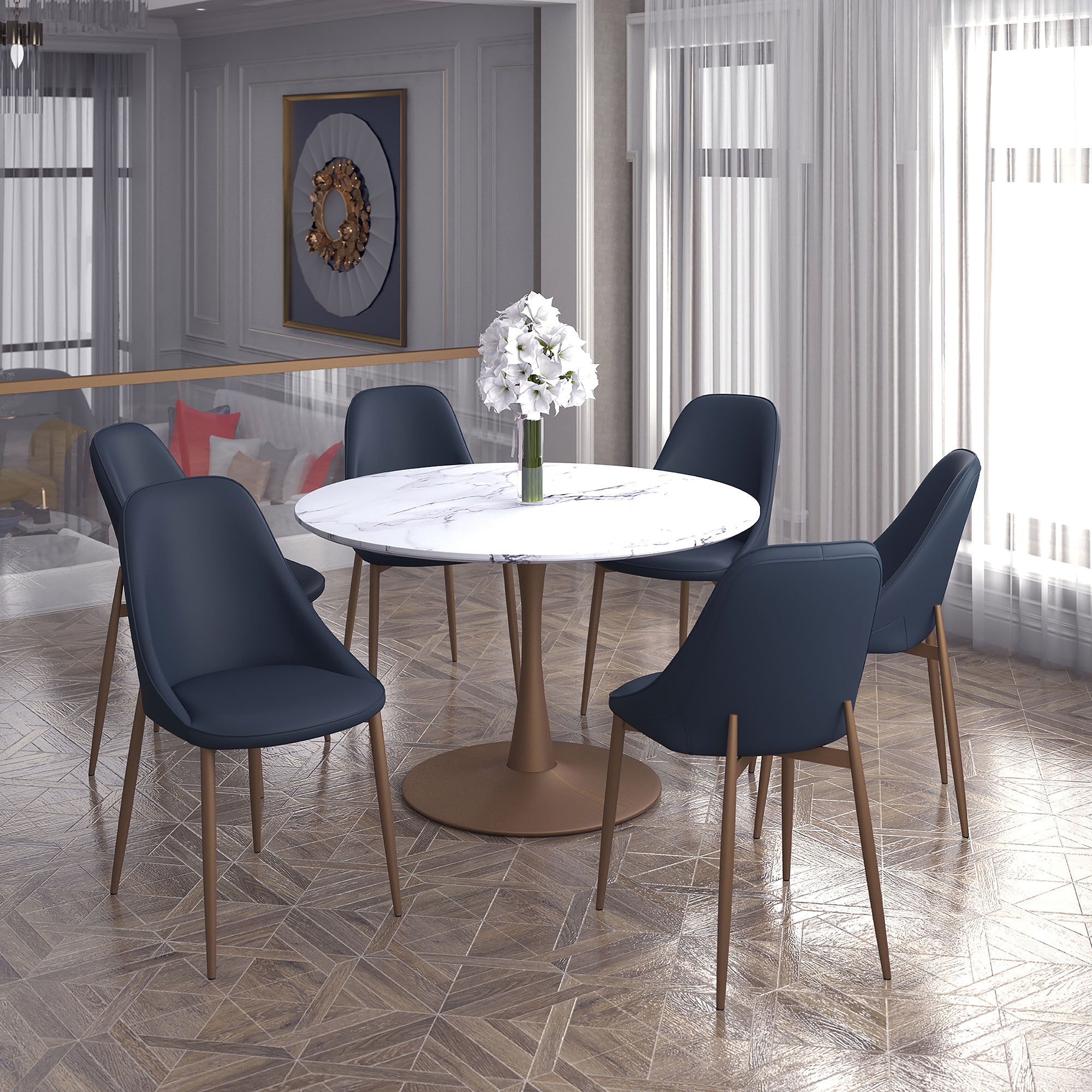 Zilo Large Pedestal Dining Table - Aged Gold Faux Marble-DECOROLALA