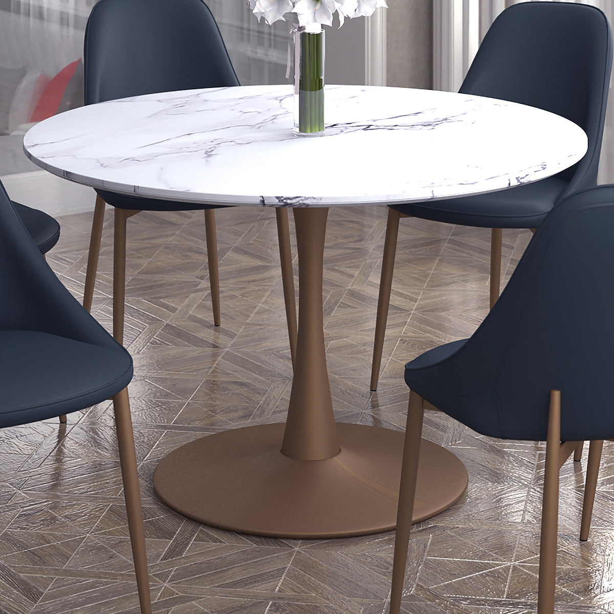 Zilo Large Pedestal Dining Table - Aged Gold Faux Marble-Bar Tables-DECOROLALA