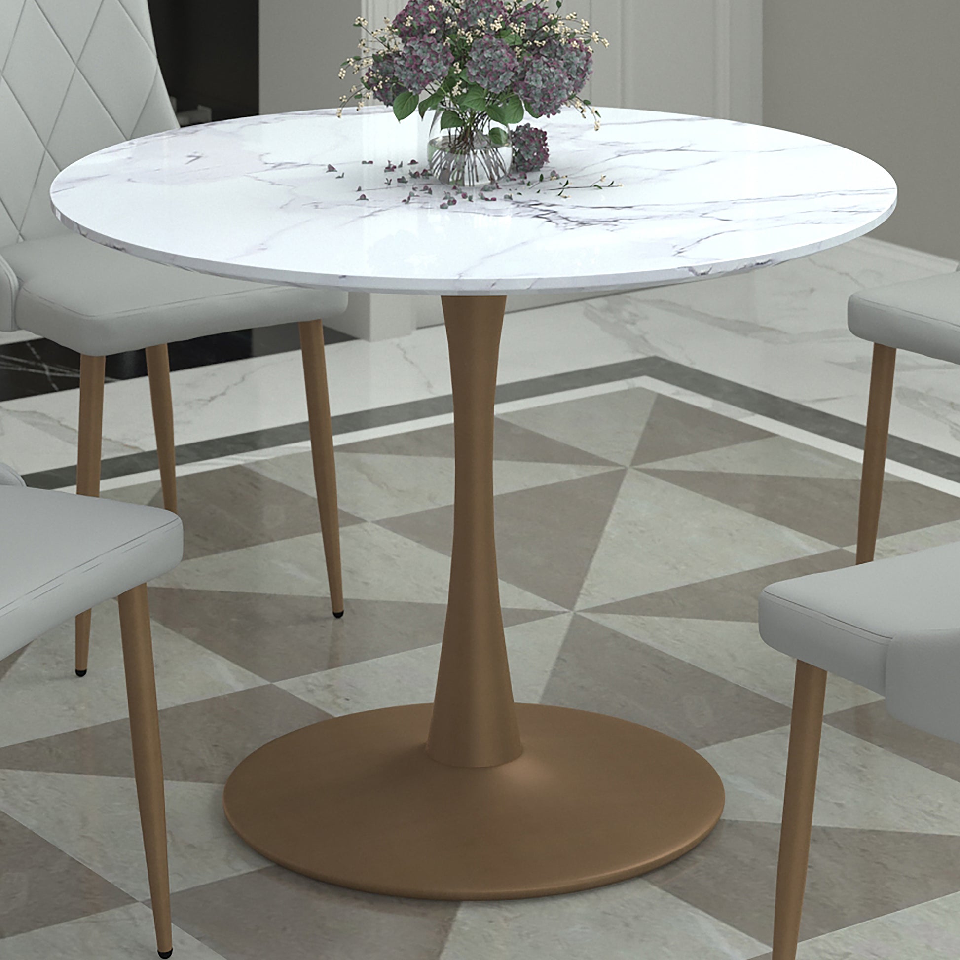 Zilo Pedestal Dining Table - Aged Gold Faux Marble Small-DECOROLALA