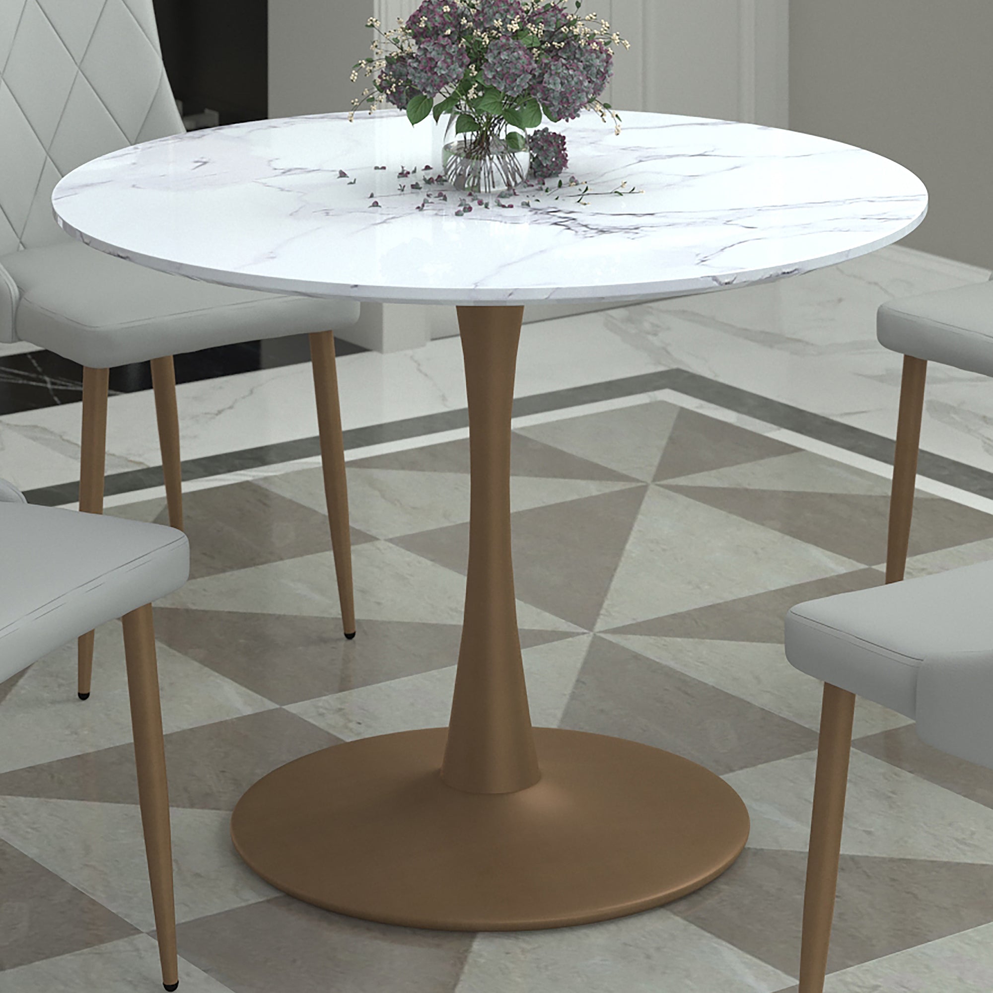 Zilo Pedestal Dining Table - Aged Gold Faux Marble Small-DECOROLALA