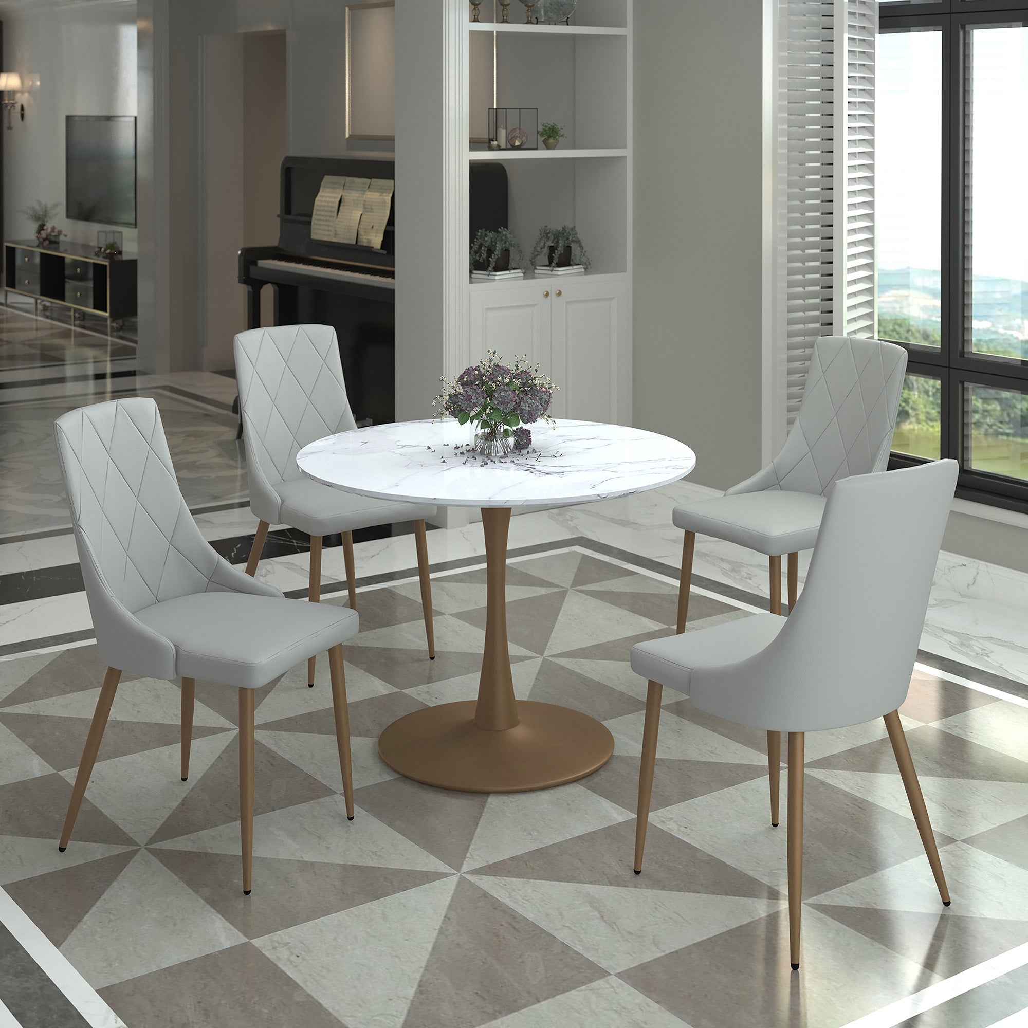 Zilo Pedestal Dining Table - Aged Gold Faux Marble Small-DECOROLALA