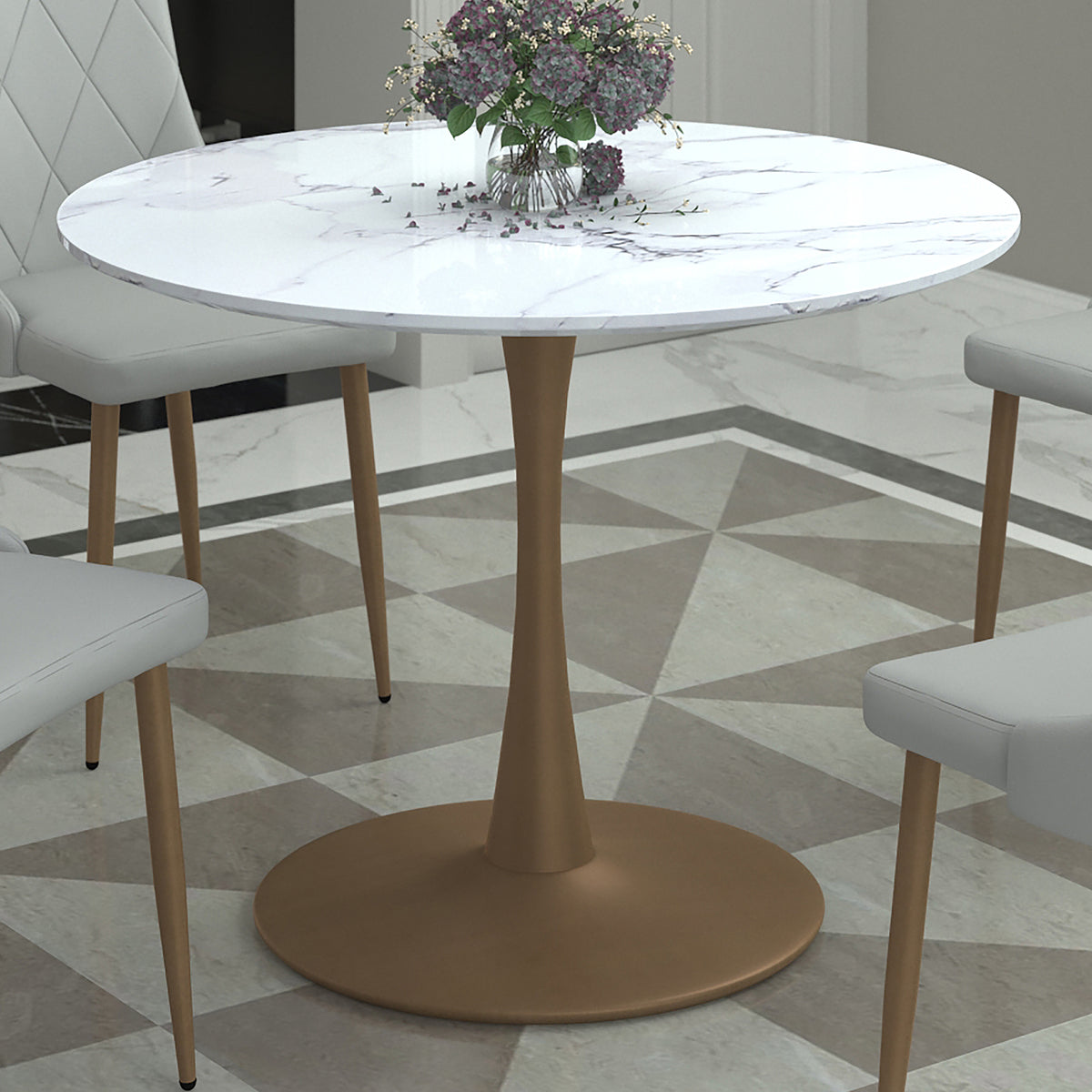 Zilo Pedestal Dining Table - Aged Gold Faux Marble Small-Bar Tables-DECOROLALA