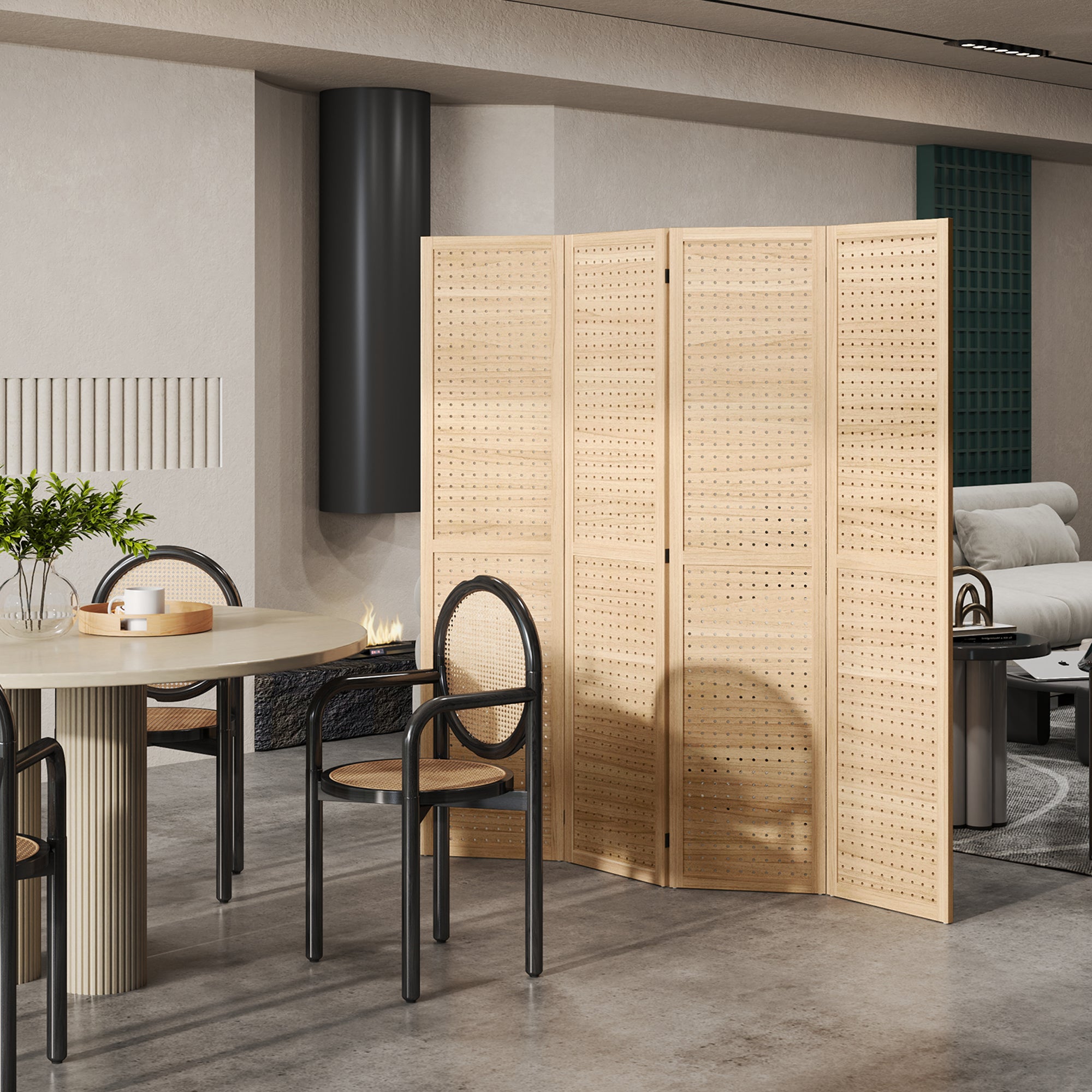 5.6 Ft. Tall 4-Panel Room Divider, Pegboard Panel Freestanding Folding Privacy Screen Panels, Partition Wall Divider for Indoor Bedroom Office, Natural