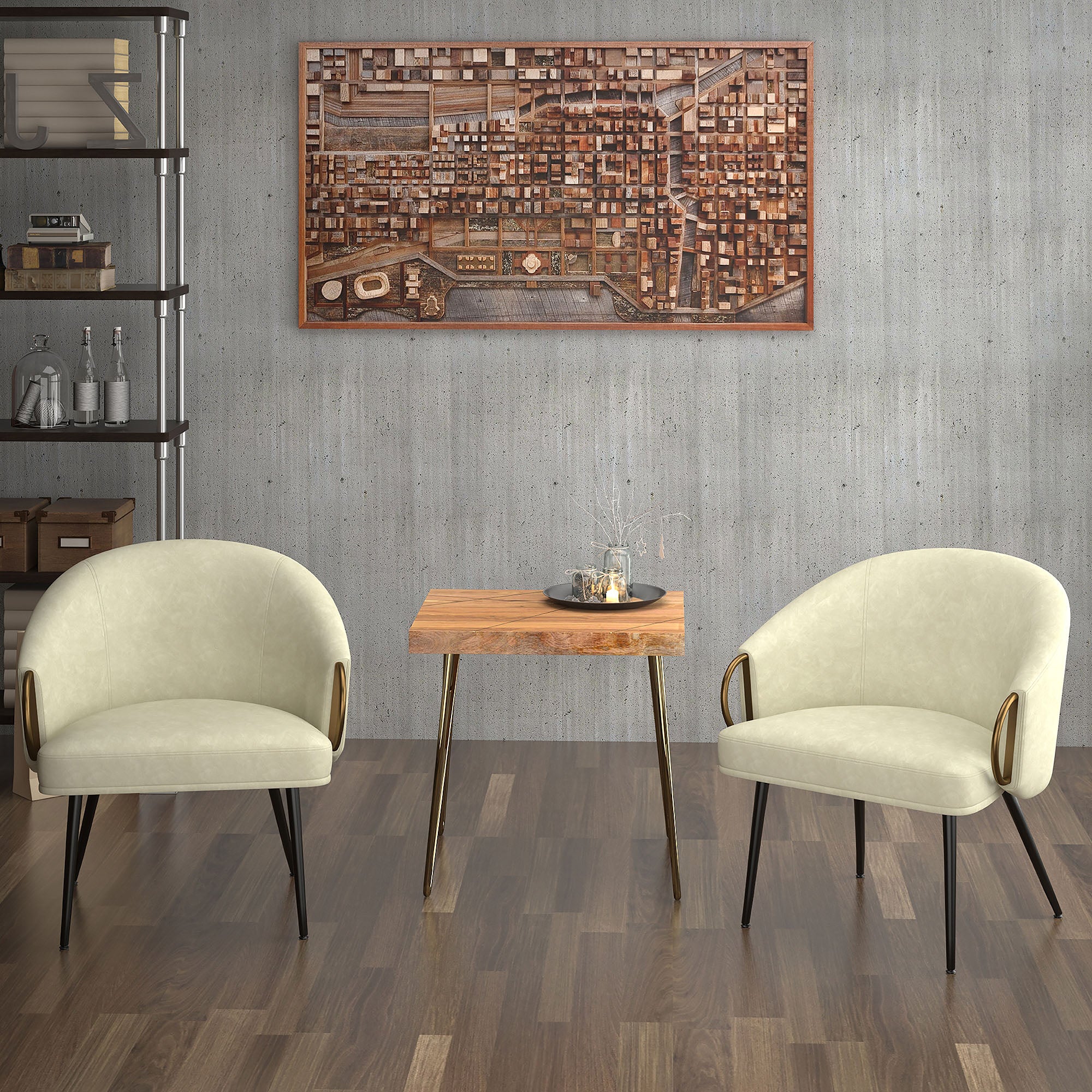 Zita Accent Chair - Ivory Mid-Century Faux Leather Gold Accents-DECOROLALA