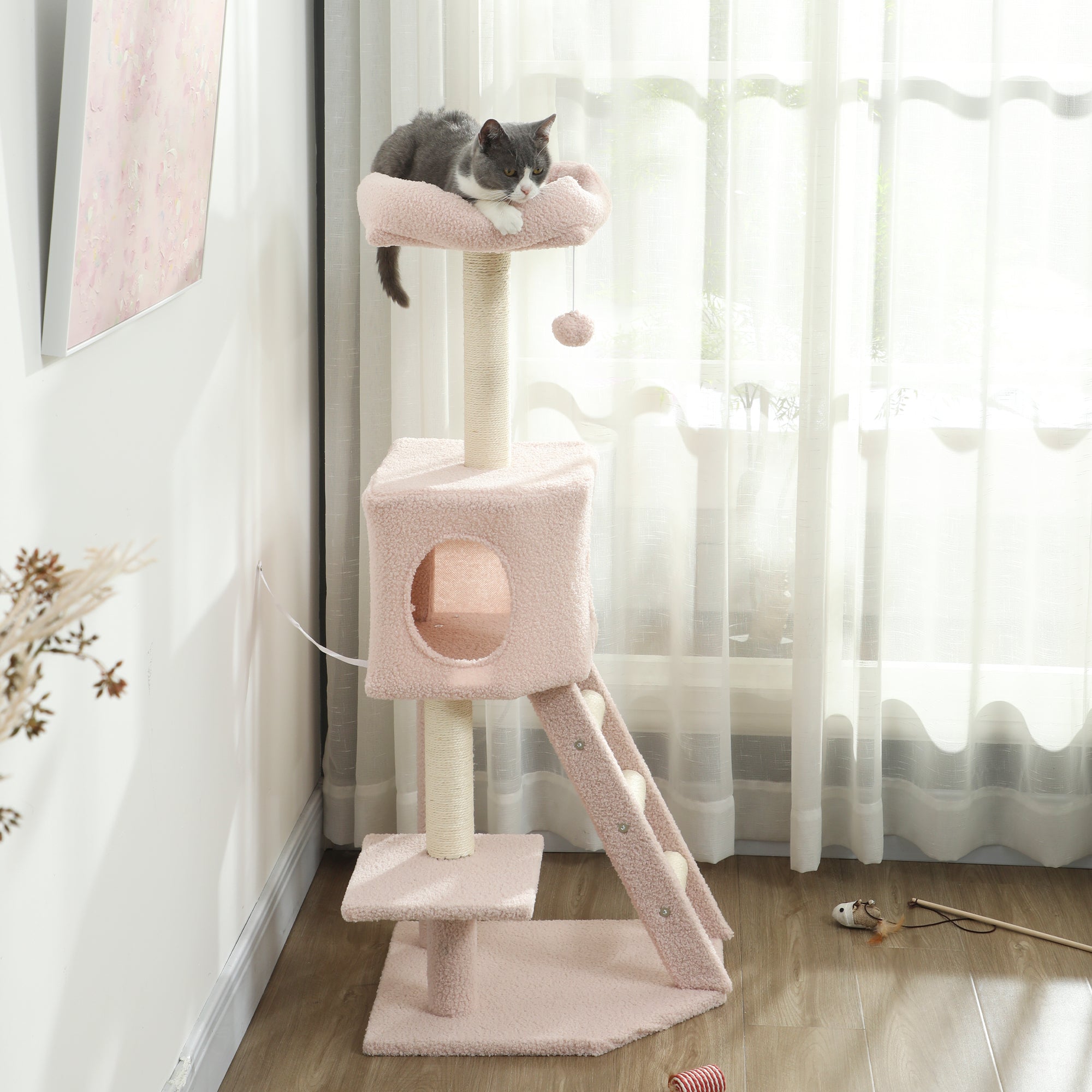 47" Tall Cat Tree Tower with Condo, Ladder, Scratching Posts and Hanging Ball, Pink