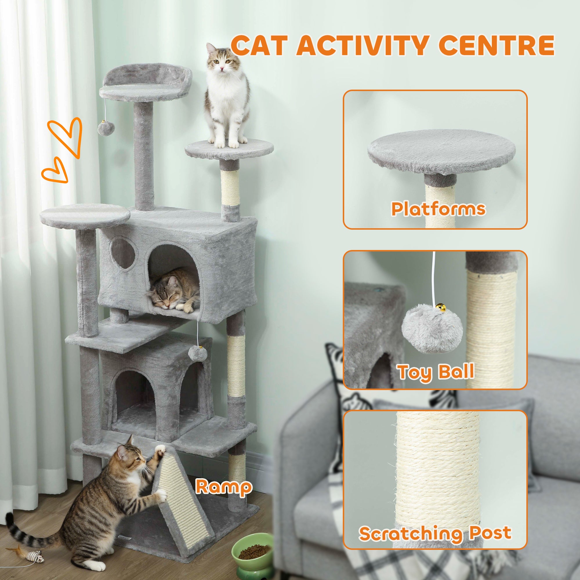 54" Cat Tree, Multi-Level Cat Tower with Scratching Posts, Cat Condos, Bed, Platforms, Ramp, Toy Ball, Light Grey