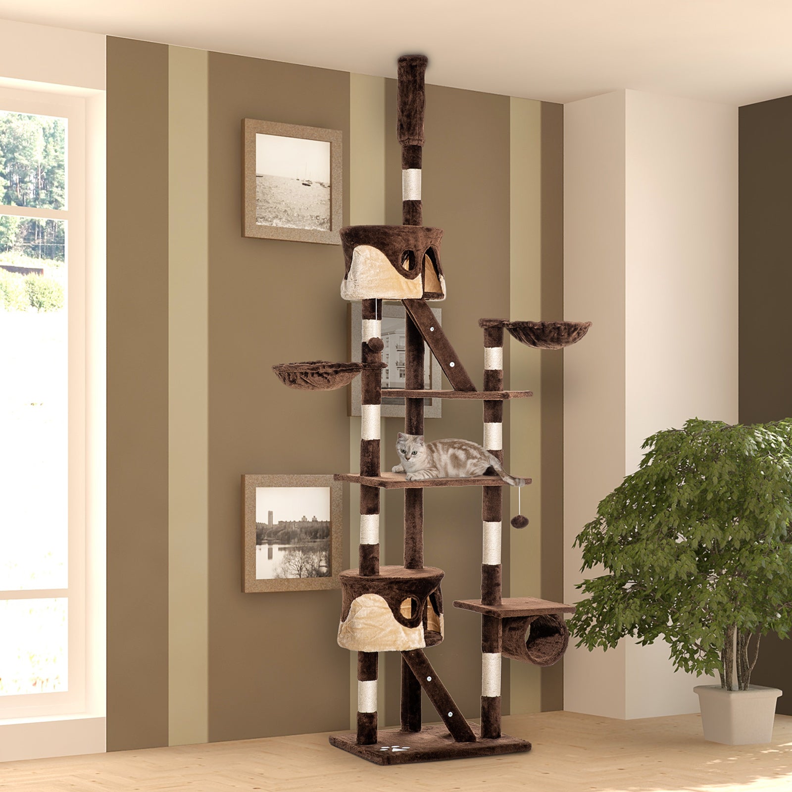 94"-102" Huge Cat Tree Ceiling High Cat Condo Scratching Post Activity Center Multi-Level Play House