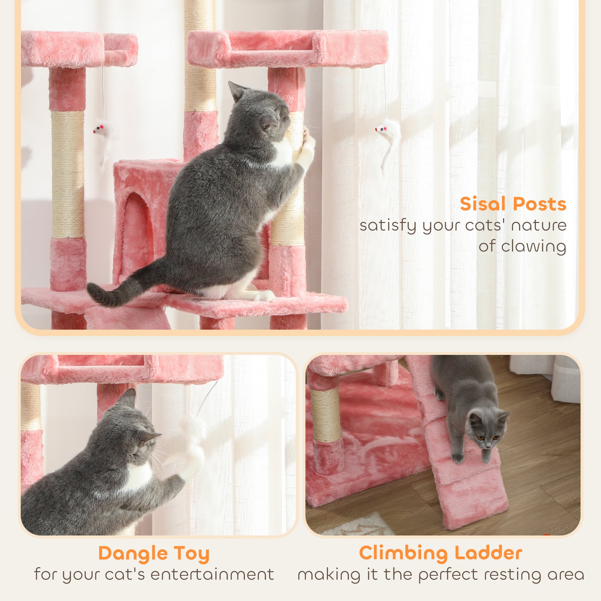 68-inch Multi-Level Cat Scratching Tree Kitty Activity Center Post Tower Condo Pet Furniture w/ Toy Pink