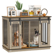 Meuble cage pour chien de 47 pouces avec panneau séparateur, niche en bois pour chien faisant office de meuble TV pour grands chiens, table d’appoint avec maison pour animaux pour 2 petits chiens, design à deux compartiments, 2 portes coulissantes, chêne