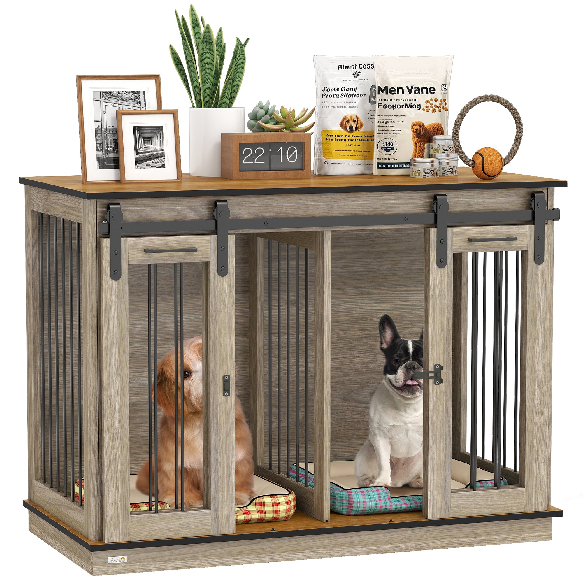 Meuble cage pour chien de 47 pouces avec panneau séparateur, niche en bois pour chien faisant office de meuble TV pour grands chiens, table d’appoint avec maison pour animaux pour 2 petits chiens, design à deux compartiments, 2 portes coulissantes, chêne