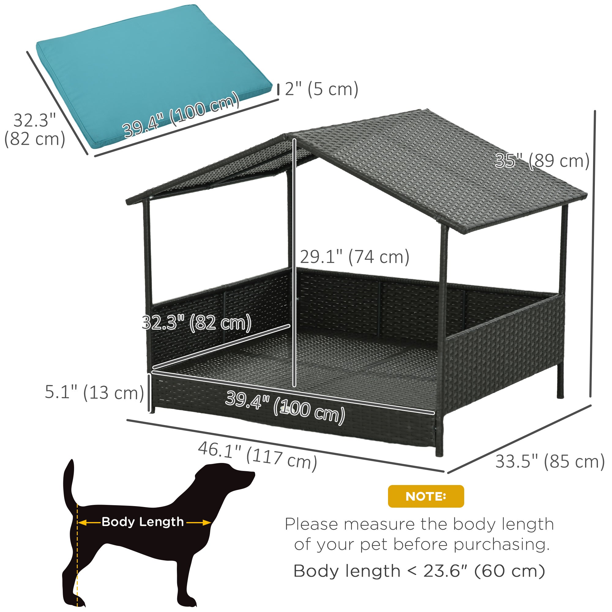 Niche pour chien en rotin avec auvent, panier pour chien en osier avec coussin résistant à l’eau, pour petites et moyennes races, bleu