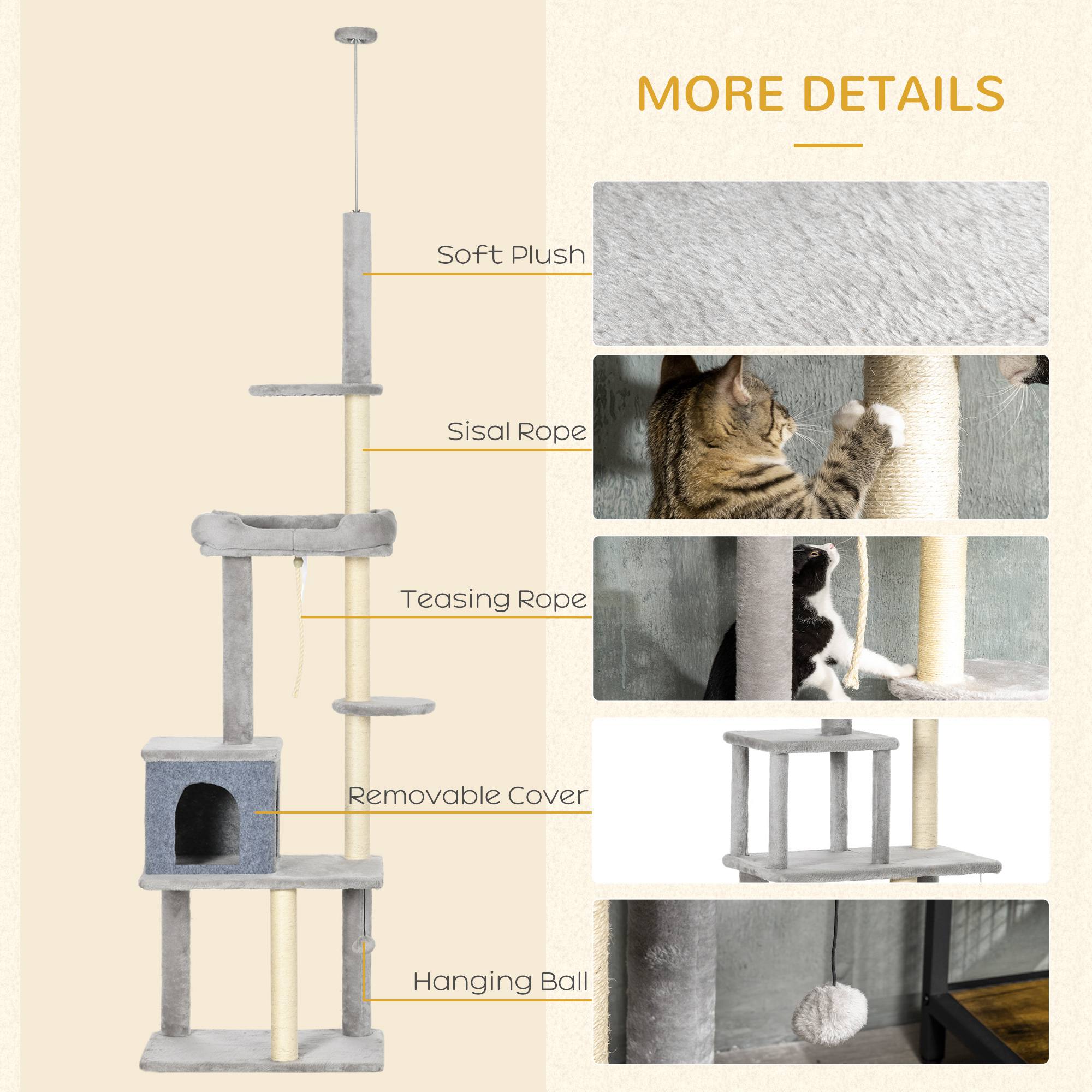 Cat Tree Floor to Ceiling Cat Tower Height Adjustable( 85-101 Inches), Tall Large Cat Climbing Activity Center with Scratching Posts Cat Condo Cozy Bed, Grey