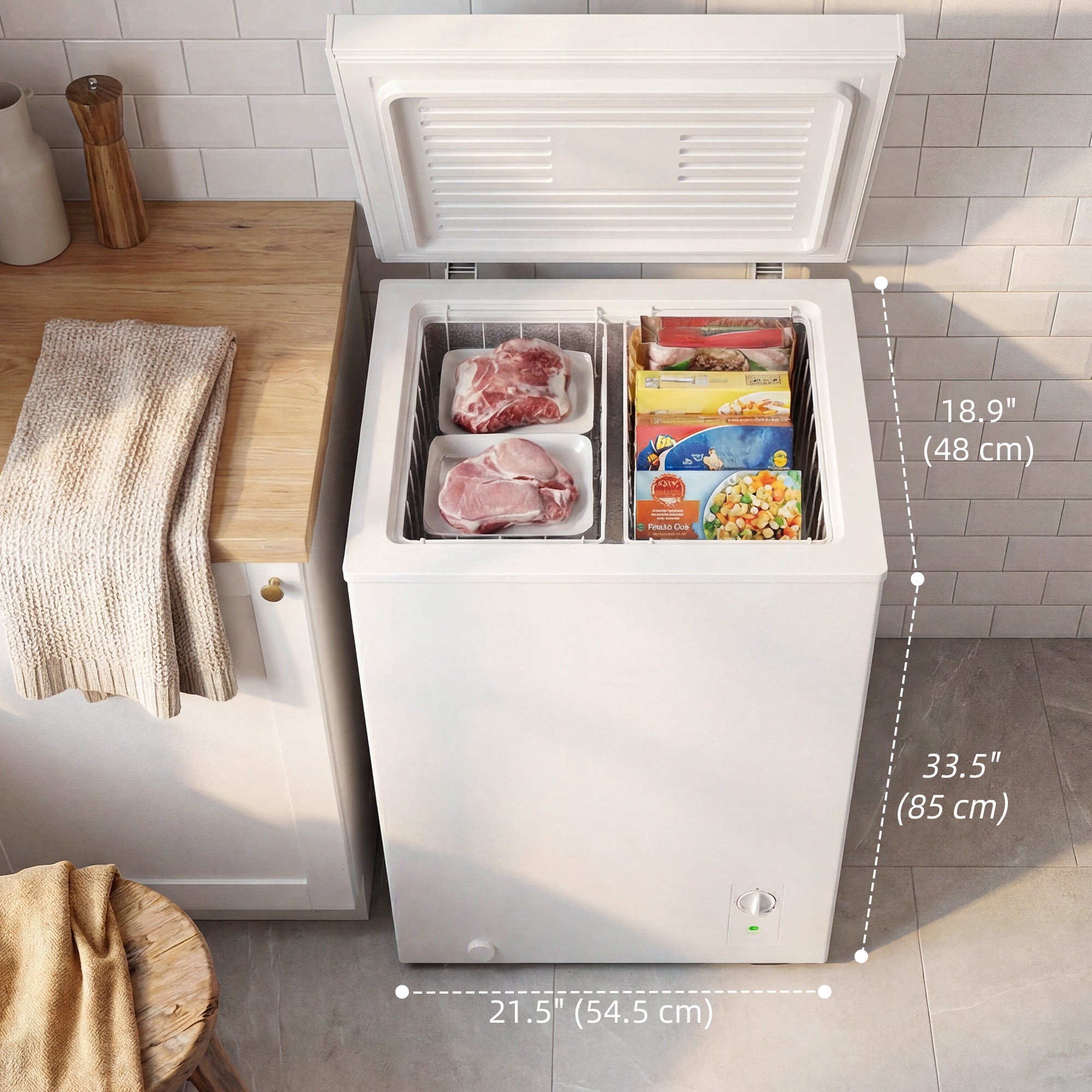 Mini-congélateur, congélateur coffre de 3,5 pi³ avec thermostat réglable à 5 positions, panier métallique, fonctionnement silencieux, blanc