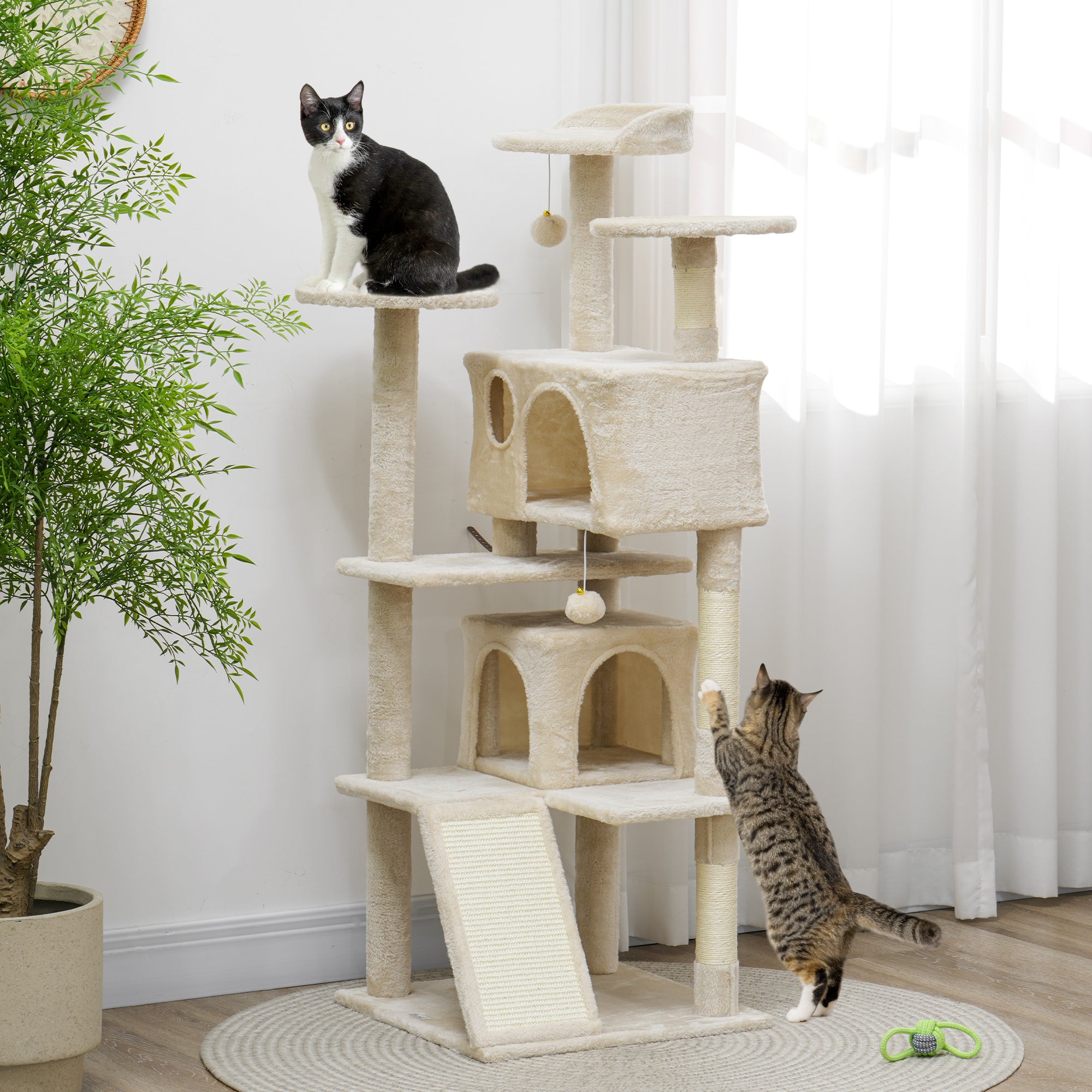 54" Cat Tree, Multi-Level Cat Tower with Scratching Posts, Cat Condos, Bed, Platforms, Ramp, Toy Ball, Beige