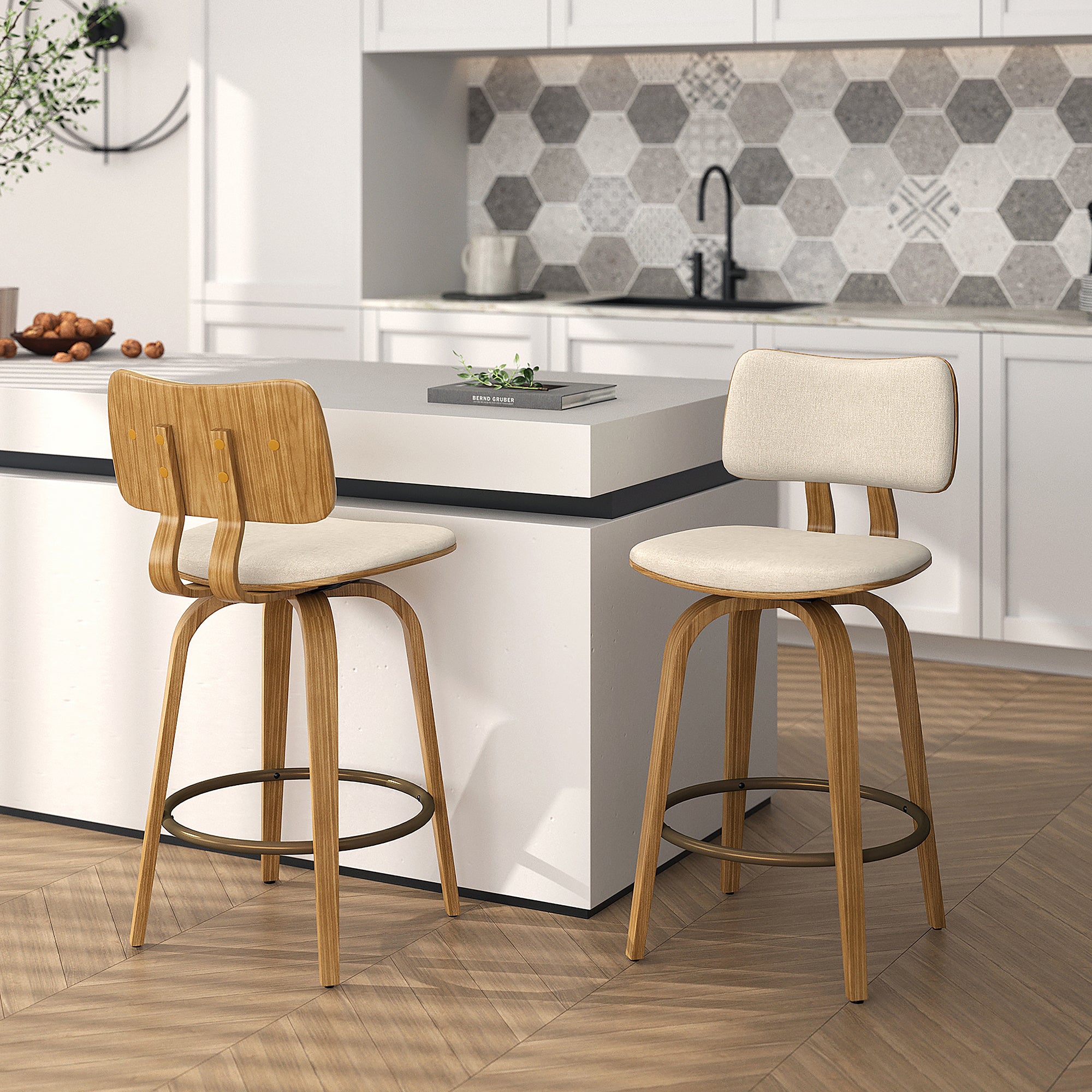 Zuni 26" Counter Stool - Beige Fabric Swivel Mid-Century Modern-DECOROLALA