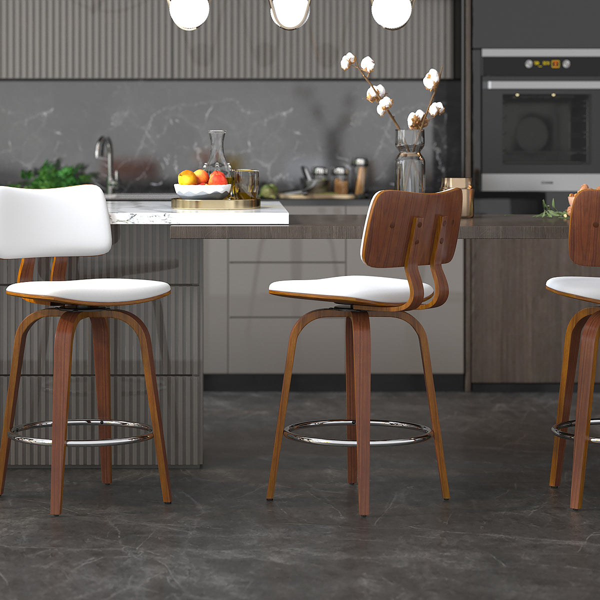 Zuni 26" Counter Stool - Walnut and White Faux Leather Swivel-Bar Stools-DECOROLALA