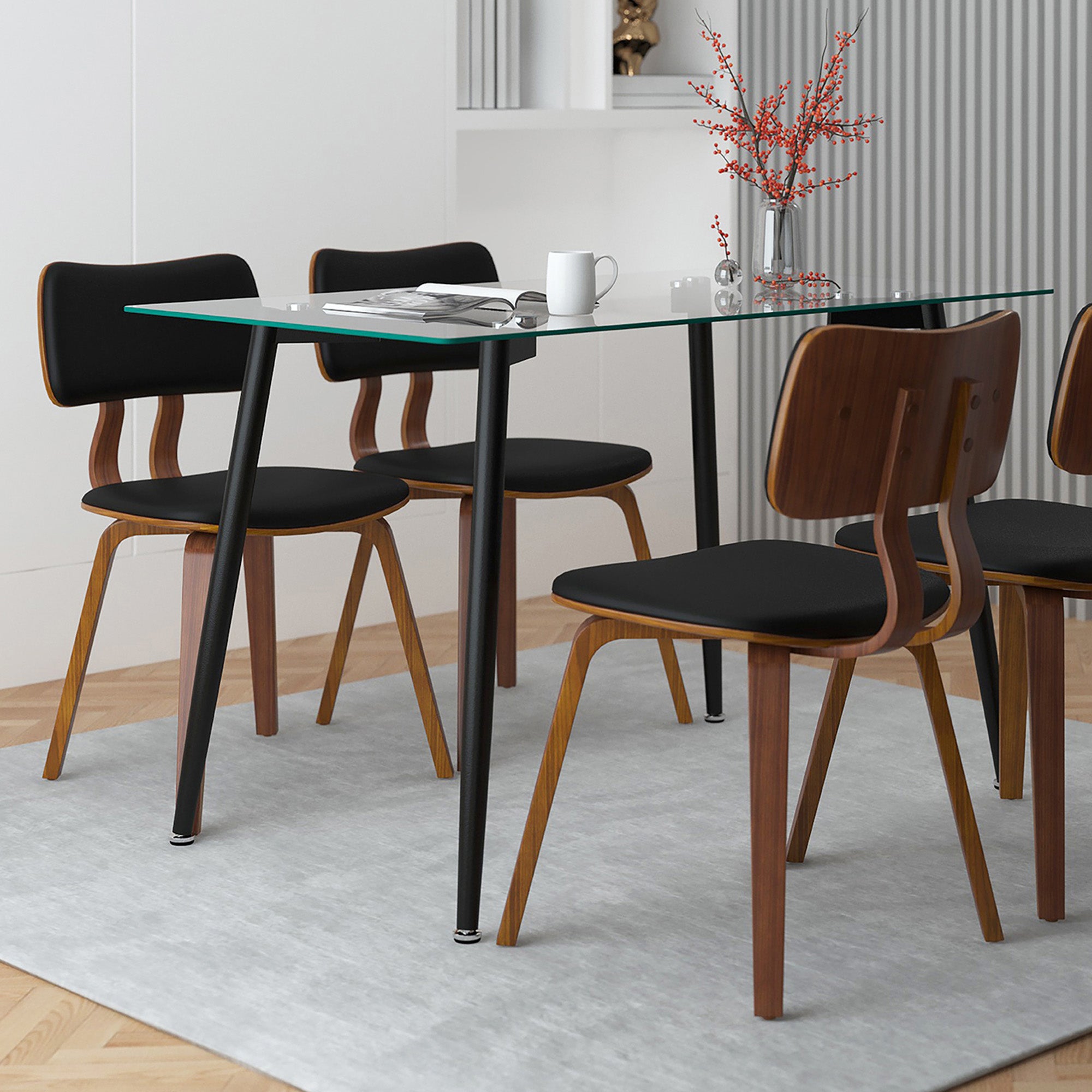 Zuni Mid-Century Modern Dining Chair - Walnut & Black PU Leather-Dining Chair-DECOROLALA
