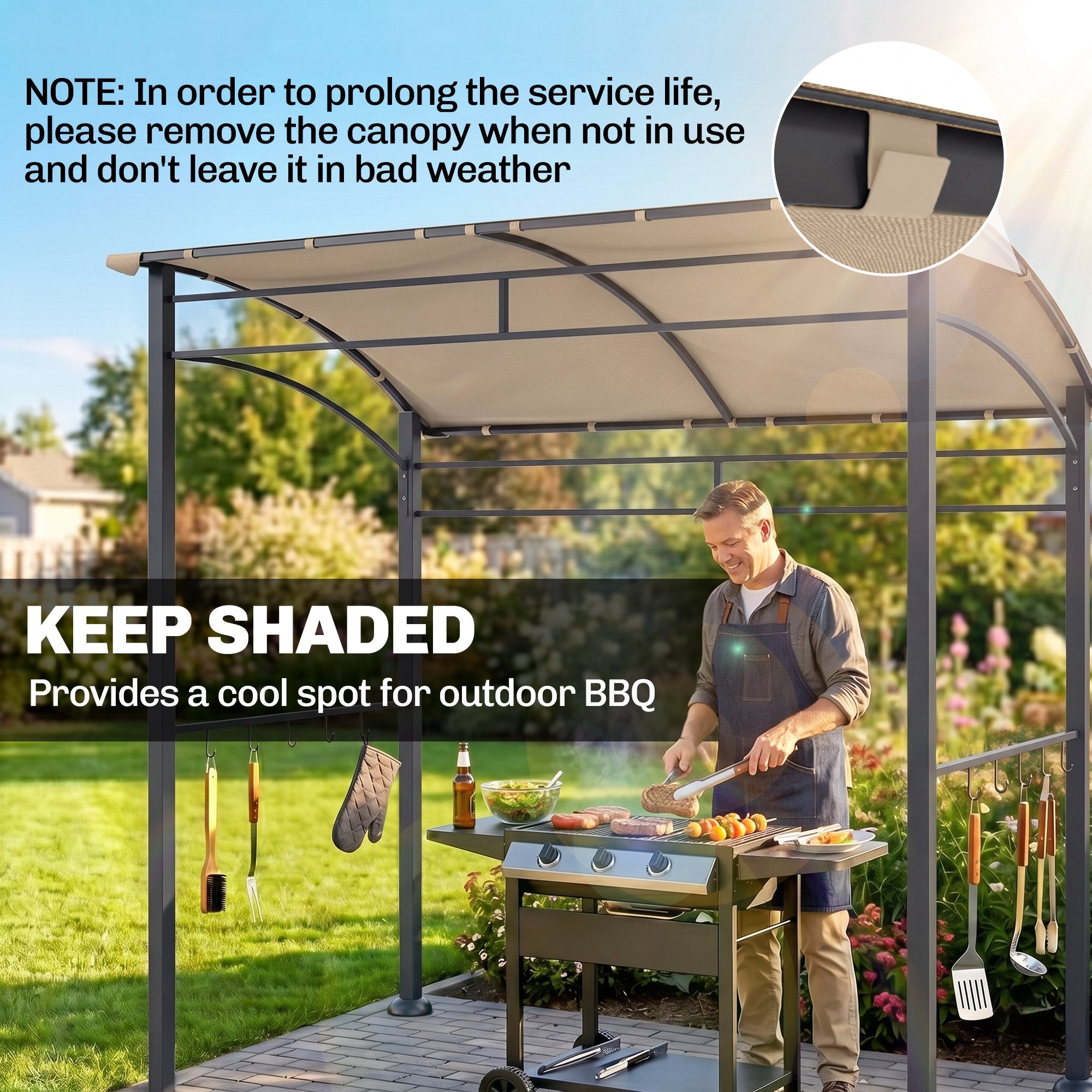 7' x 5' BBQ Grill Gazebo - Khaki Steel Frame Canopy
