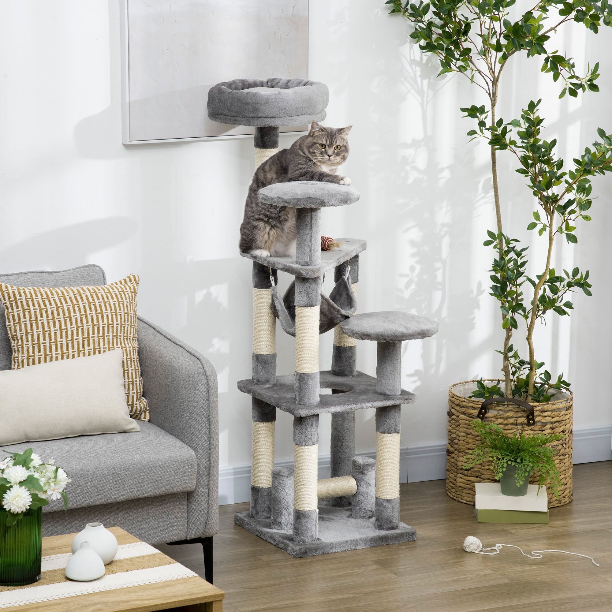 Arbre à chat multi-niveaux de 52", griffoir, centre d’activités et maison de jeu pour chaton avec hamac – gris