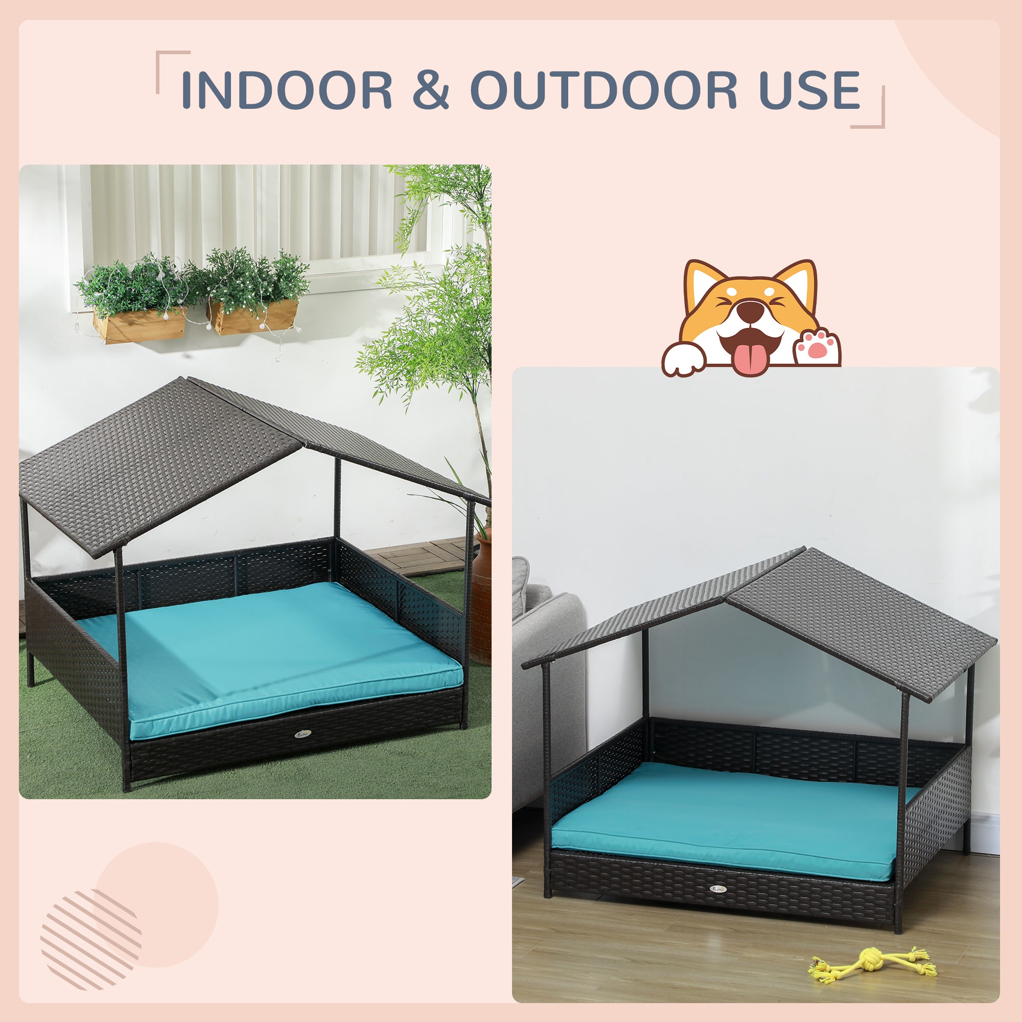 Niche pour chien en rotin avec auvent, panier pour chien en osier avec coussin résistant à l’eau, pour petites et moyennes races, bleu