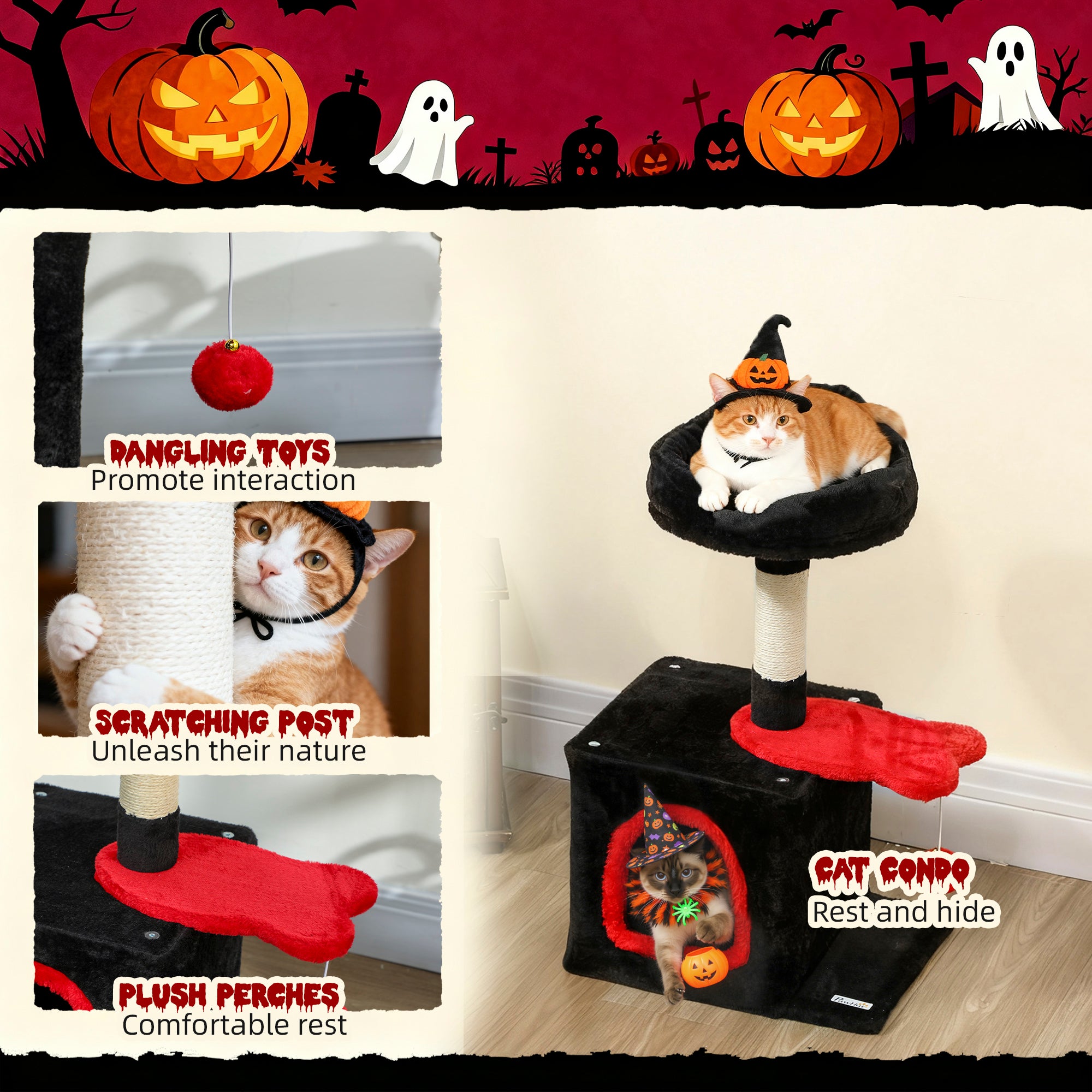 28" Gothic Cat Tree Tower with Plush Top Bed, Cozy Condo, Sisal Scratching Post, Perch, Dangling Ball, Red & Black