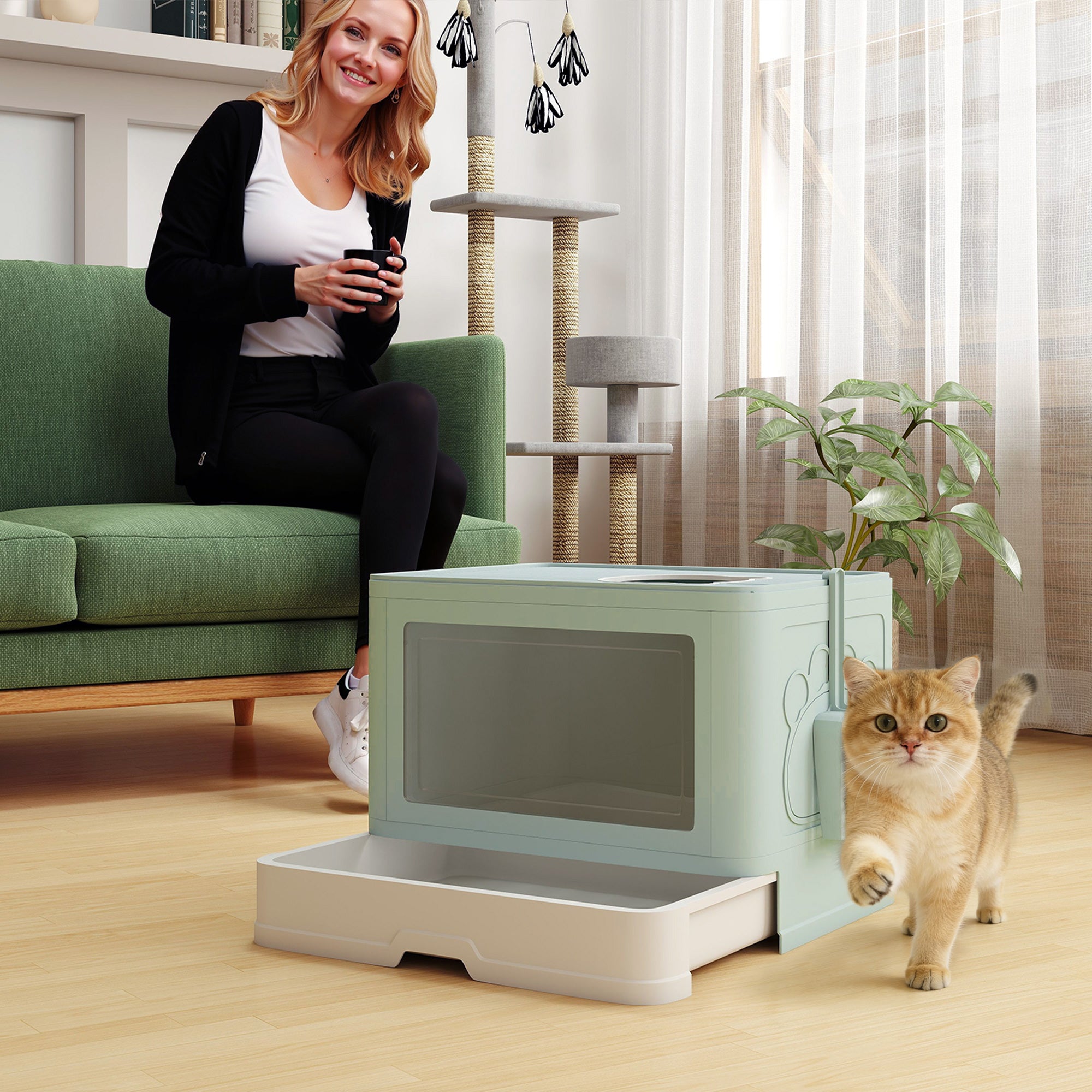 Cat Litter Box, Front Enter & Top Exit Cat Litter Tray with Scoop, Pull-out Tray, Easy to Clean, Green