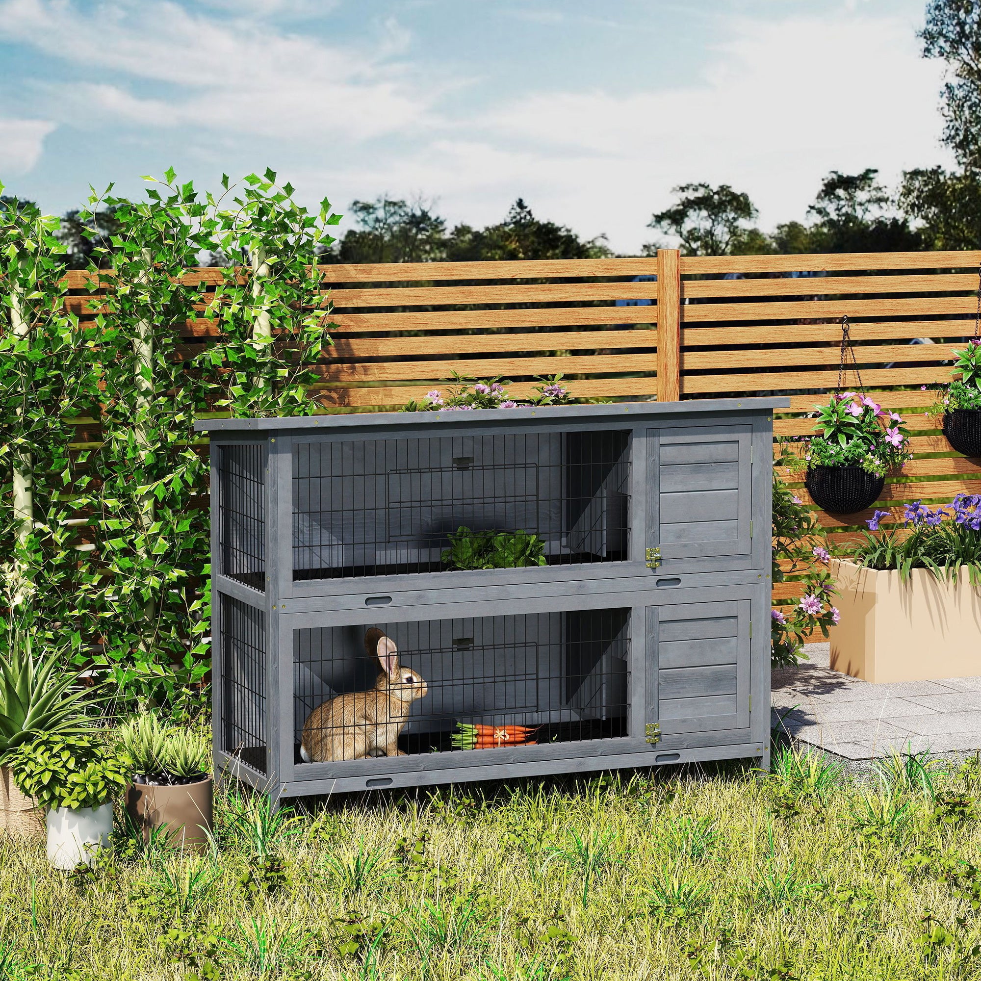 Clapier en bois à 2 niveaux pour lapins, maison pour animaux, enclos en bois avec parcours, gris