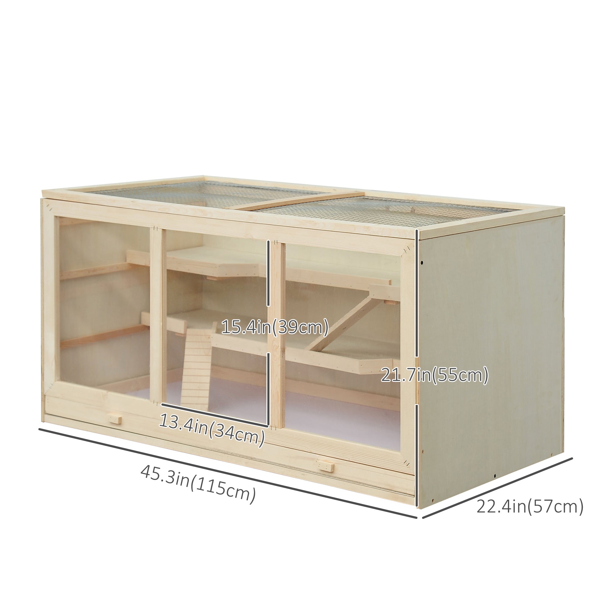 Wooden Hamster Cage Rat Cage with Slide, Tray, Natural Wood