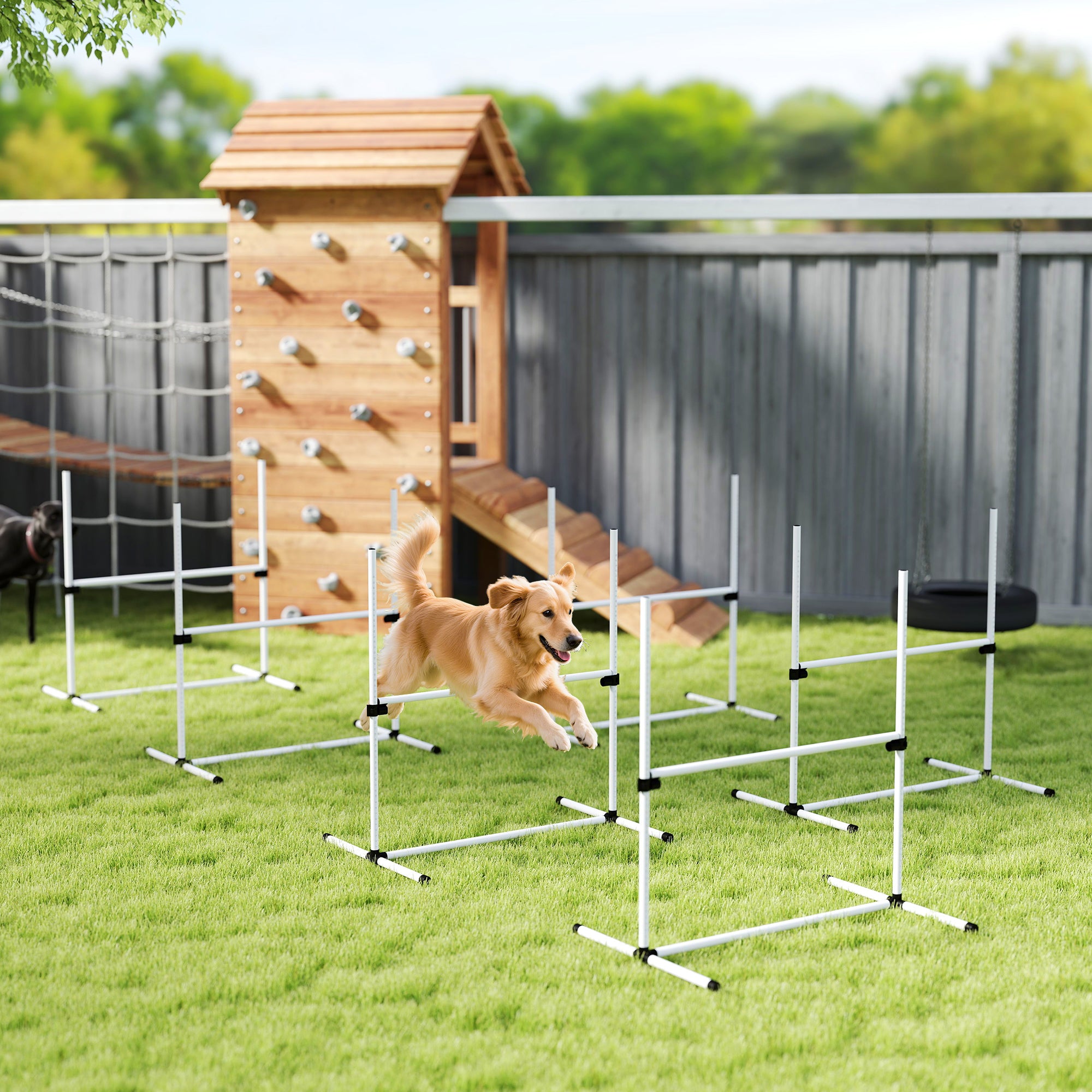 Ensemble de 6 équipements d’entraînement à l’agilité pour chien, barre de saut réglable, kit d’exercice pour animal de compagnie avec sac de transport (blanc)