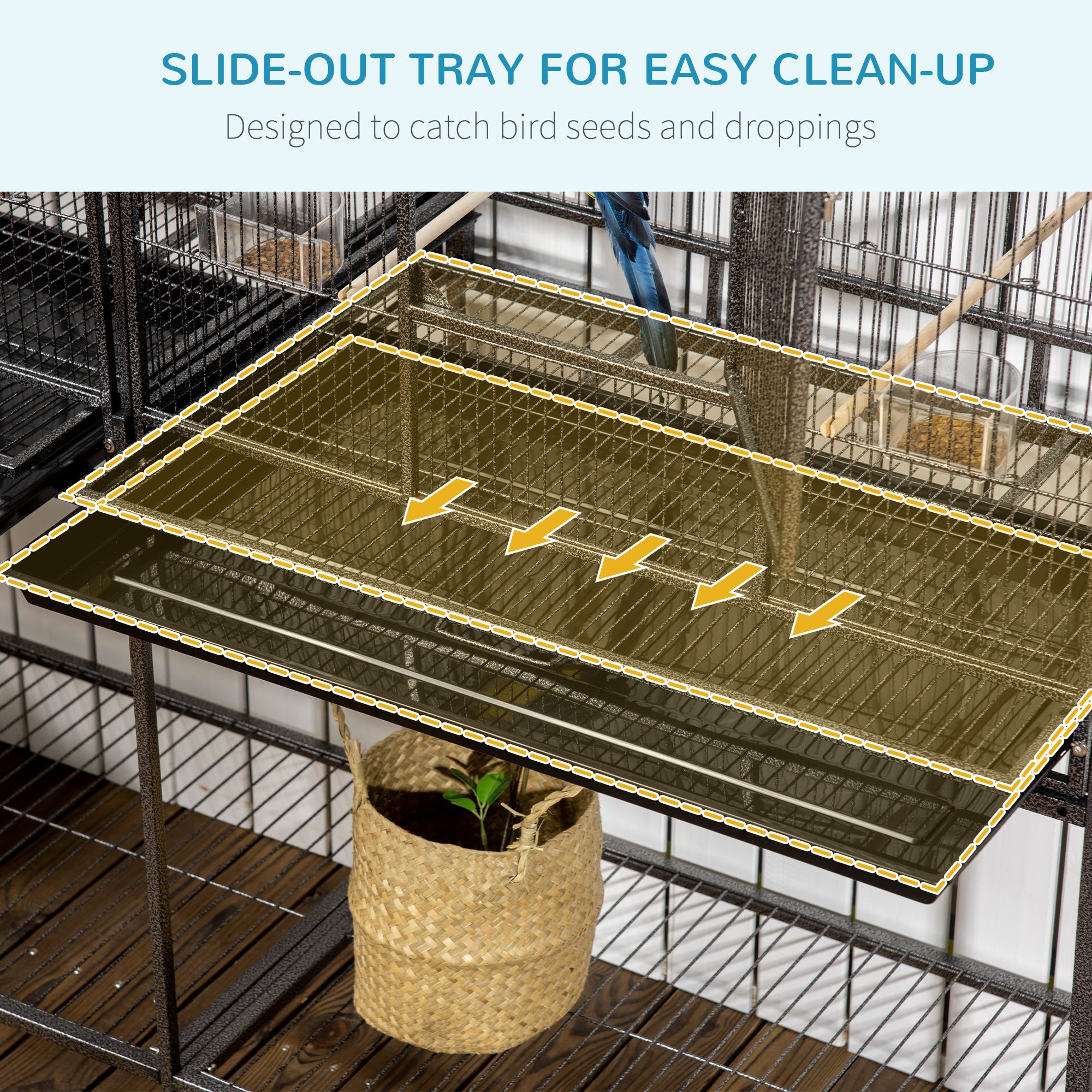 64" Extra Large Bird Cage, Rolling Metal Parrot Cage, Bird House with Detachable Rolling Stand, Storage Shelf, Wood Perch, Food Container, 62.8" x 18.9" x 64.2", Black