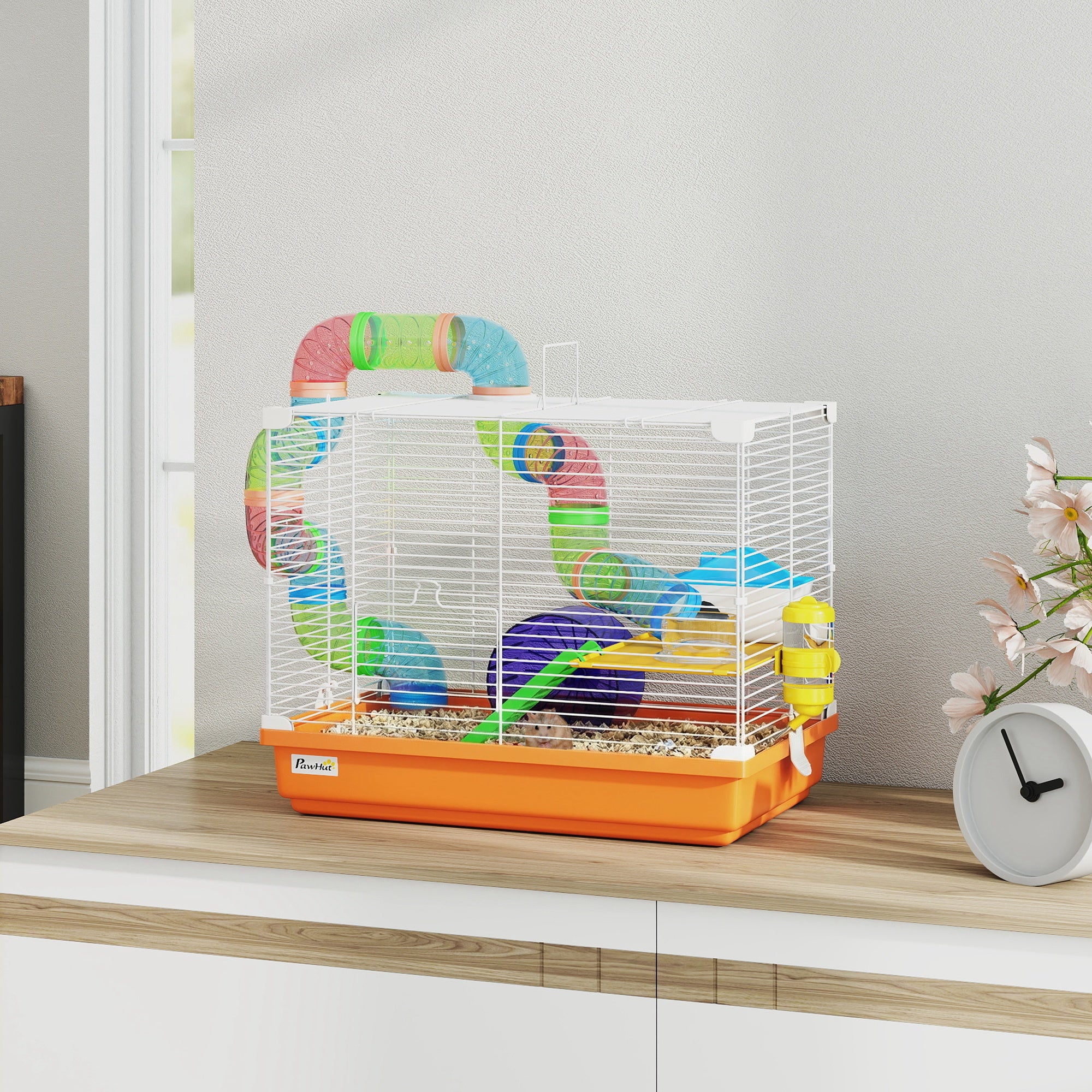 18"L Hamster Cage, Small Animal House, 2-Level Rat Gerbil Haven with Tunnel Tube System, Orange