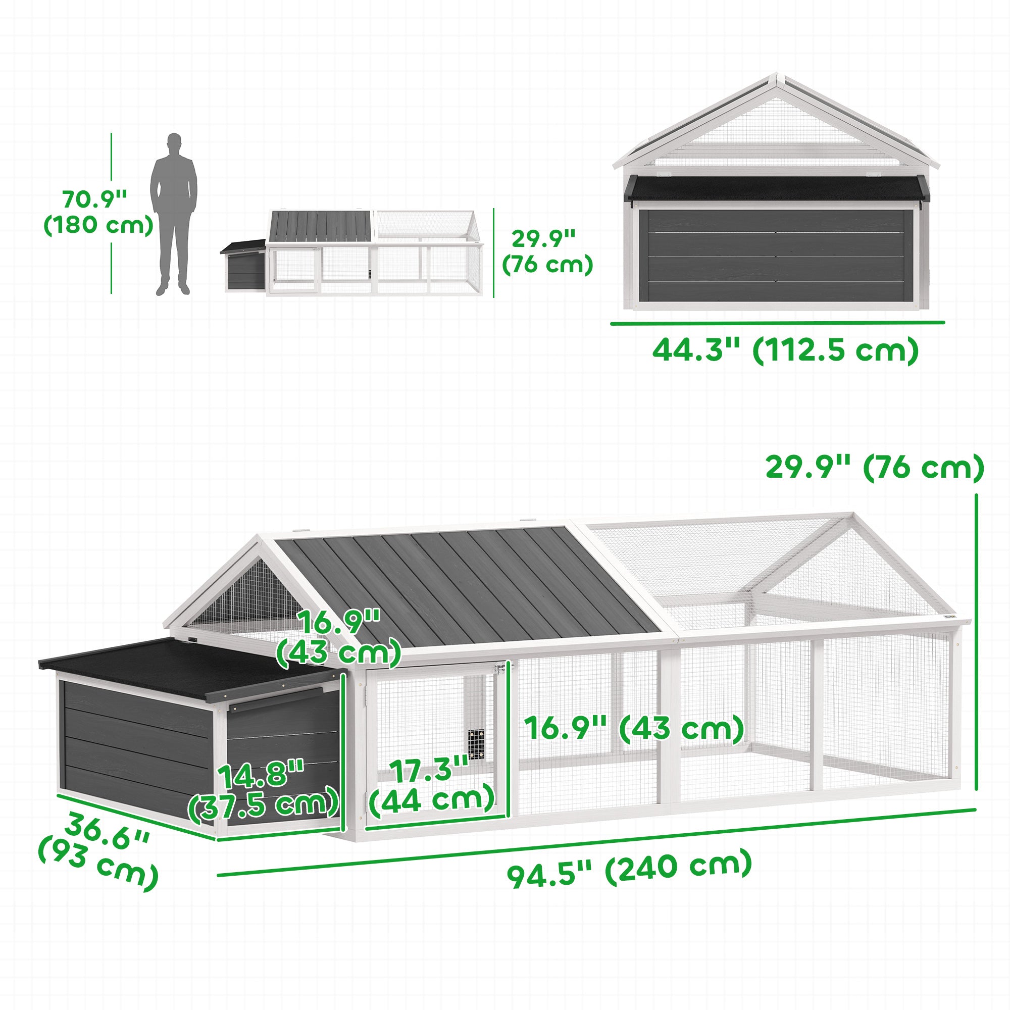 95"L Chicken Run Large Chicken Coop with Nesting Box Wooden Roof Side Door for Outdoor 4–8 Chickens