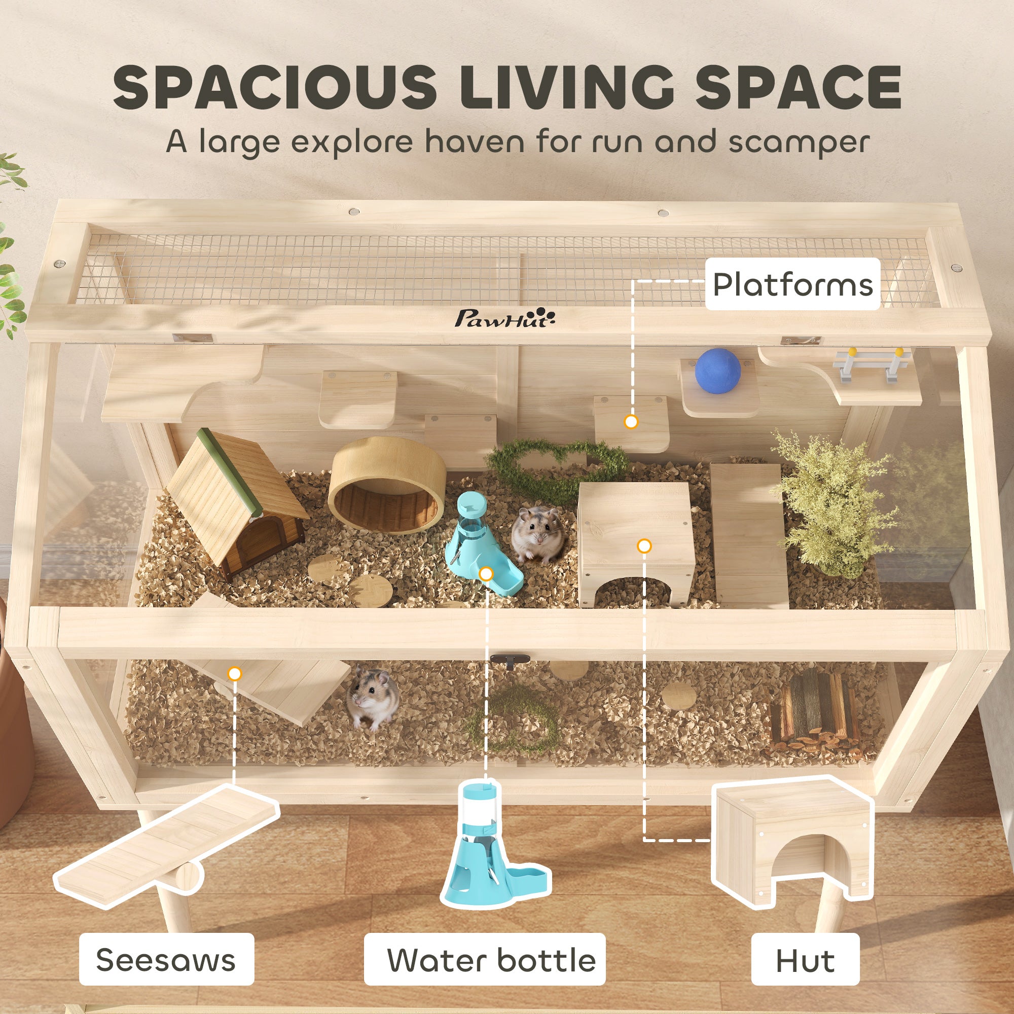 Wooden Hamster Cage, Hamster Habitat with Openable Top, Seesaws, Platforms, Water Bottle for Gerbils, 43.3"x20.5"x39.8"