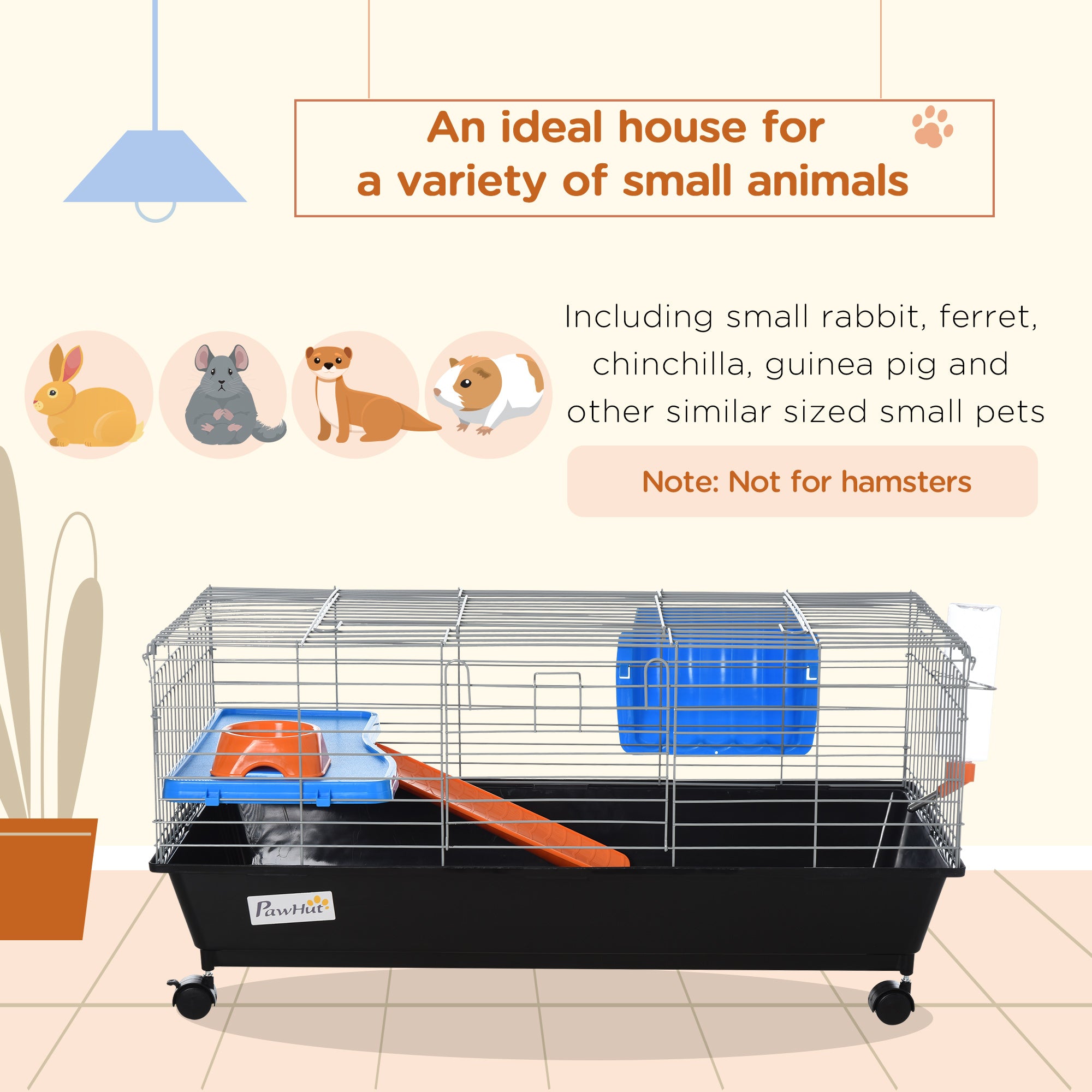 Small Animal Cage, Rolling Bunny Cage, Guinea Pig Cage with Food Dish, Water Bottle, Hay Feeder, Platform, Ramp, Black