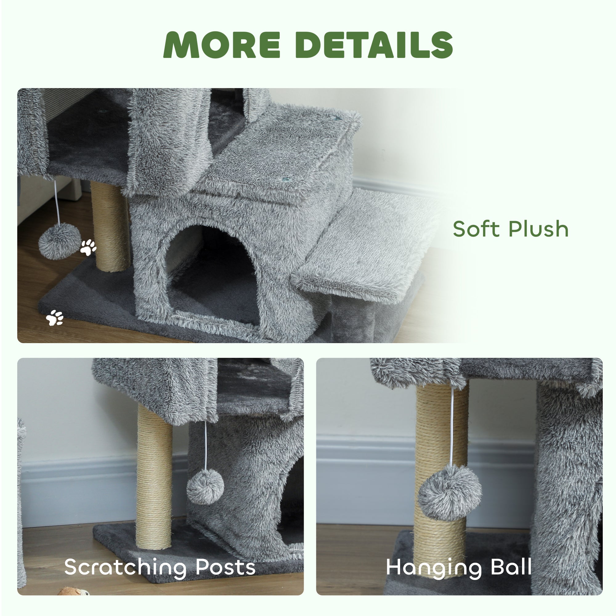 4-Step Pet Stairs, Adjustable Height Cat Stairs with Scratching Posts Cat Condo, Hanging Ball for High Bed, Grey