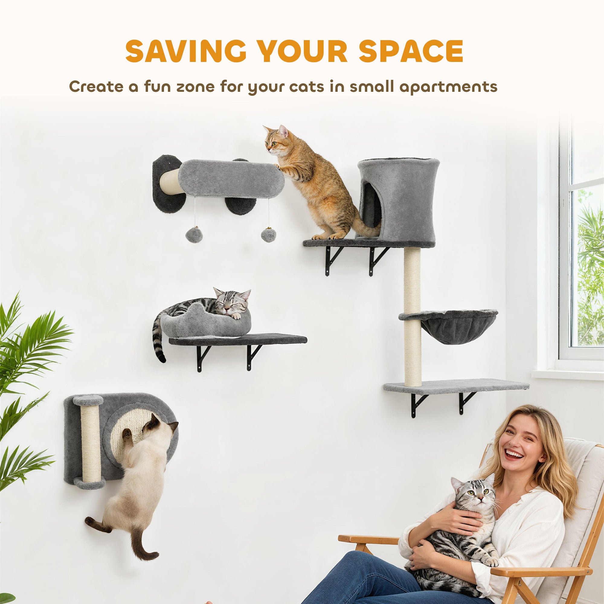4Pcs Cat Wall Shelves with Scratching Post & Pad, Condo, Hammock, Bed, Step, Hanging Pompoms, Perches
