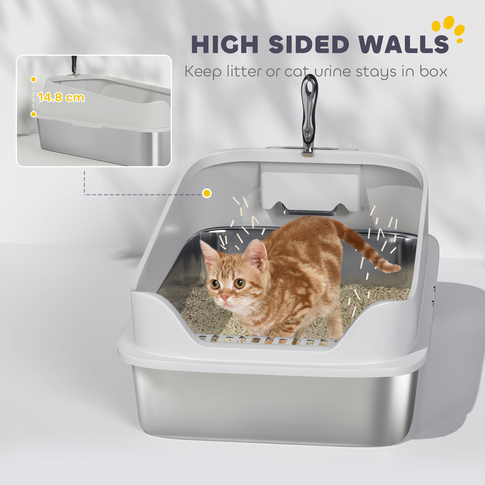 Cat Litter Box Stainless Steel with Metal Litter Scoop, Never Absorbs Odors, Anti Leakage, 24" x 16" x 12", Grey