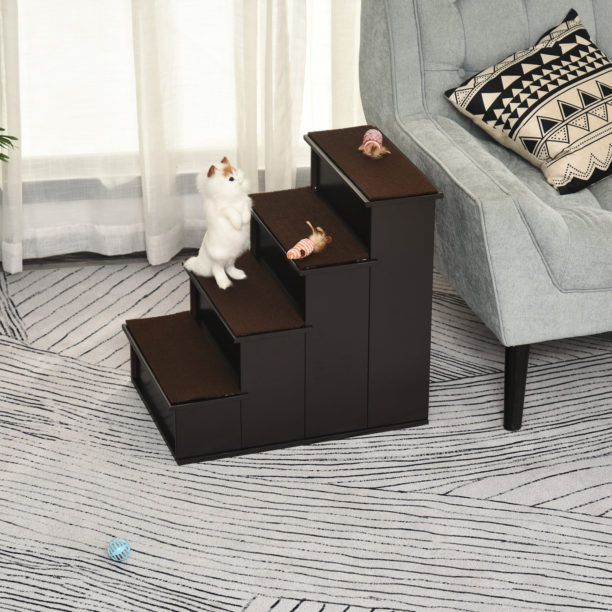 Escalier en bois à 4 marches pour chien, marches pour animaux pour lit haut, échelle pour chat pour lit ou canapé avec moquette antidérapante, café foncé