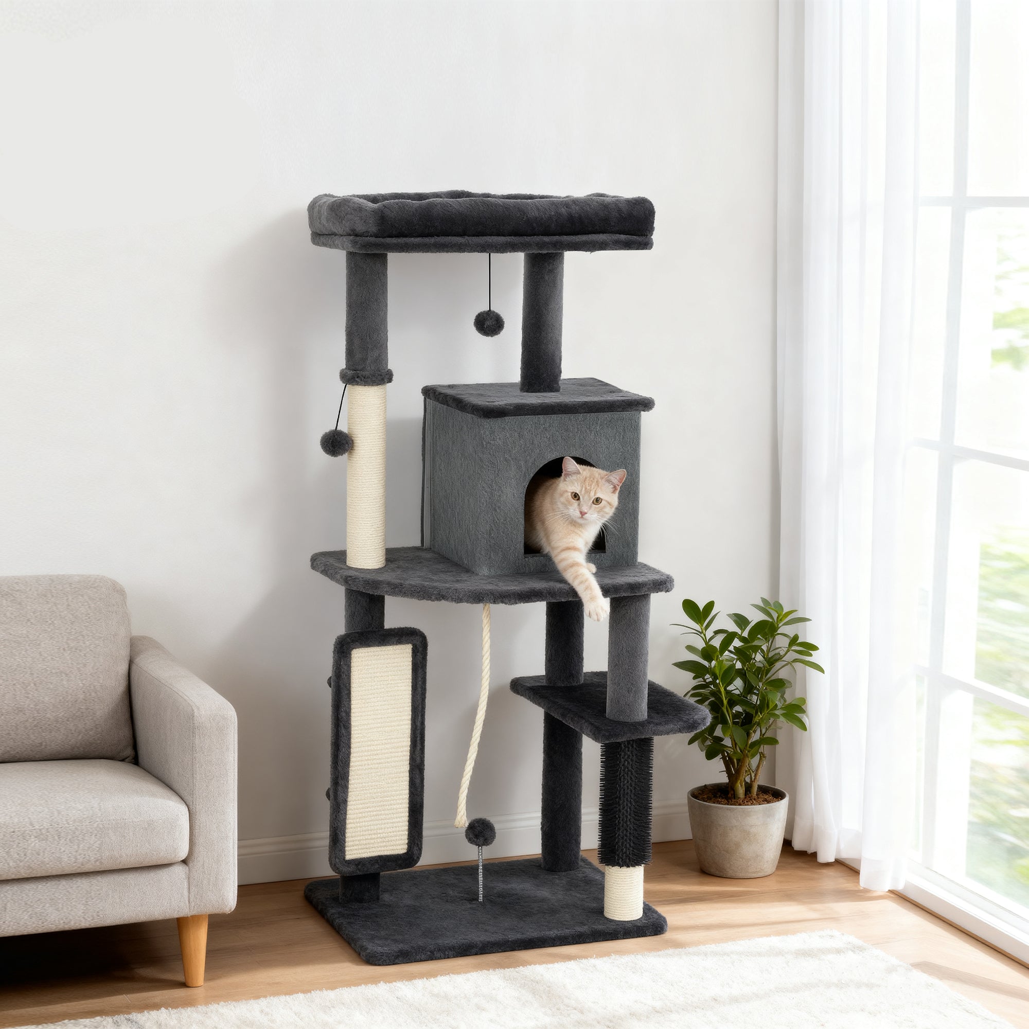 52 Inch Cat Tree with Scratching Posts, Cat Bed, Condo, Grooming Brush, Jumping Platforms, Toy Balls, Anti-tip Kit