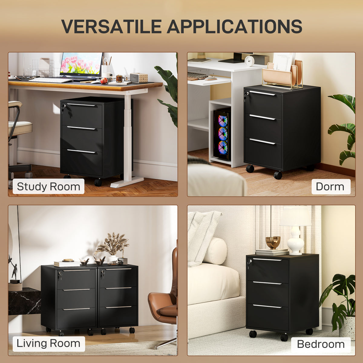 3-Drawer Mobile File Cabinet with Lock - Black 25" Vertical