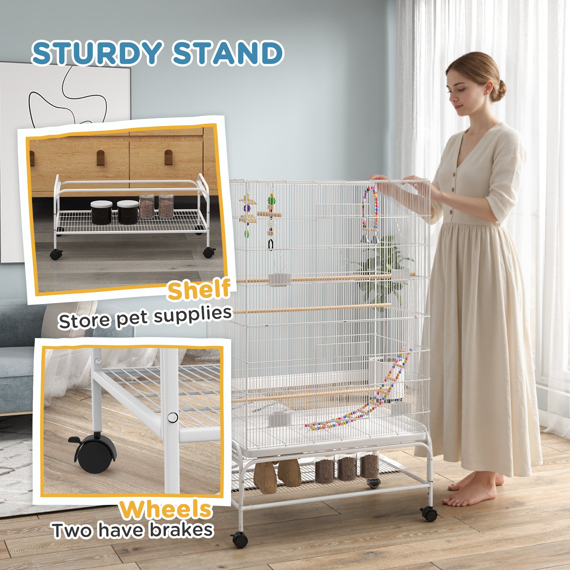 52" Bird Cage with Rolling Stand, Toys, for Budgies Canaries White