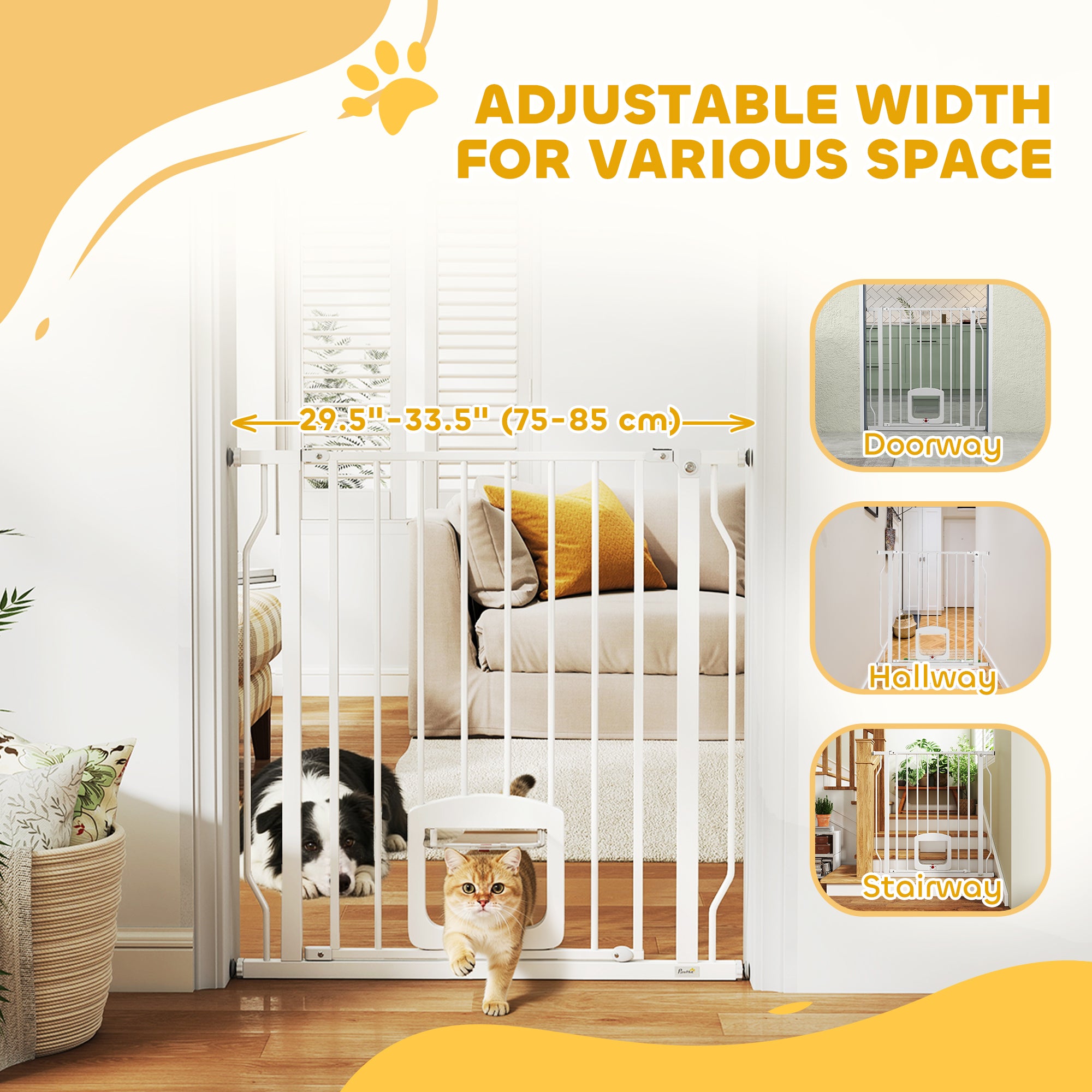 29.5-33.5" Adjustable Dog Gate with Cat Door, Easy Install Pressure/Hardware Mounted Pet Gate for Doorways, White