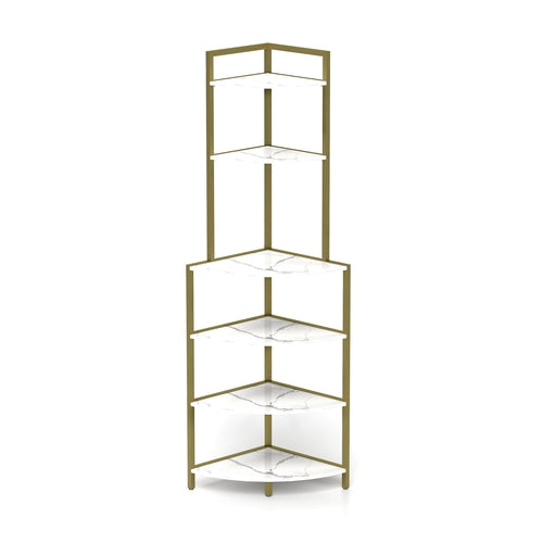 6-Tier Corner Open Shelf Modern Bookcase Wood Rack Freestanding