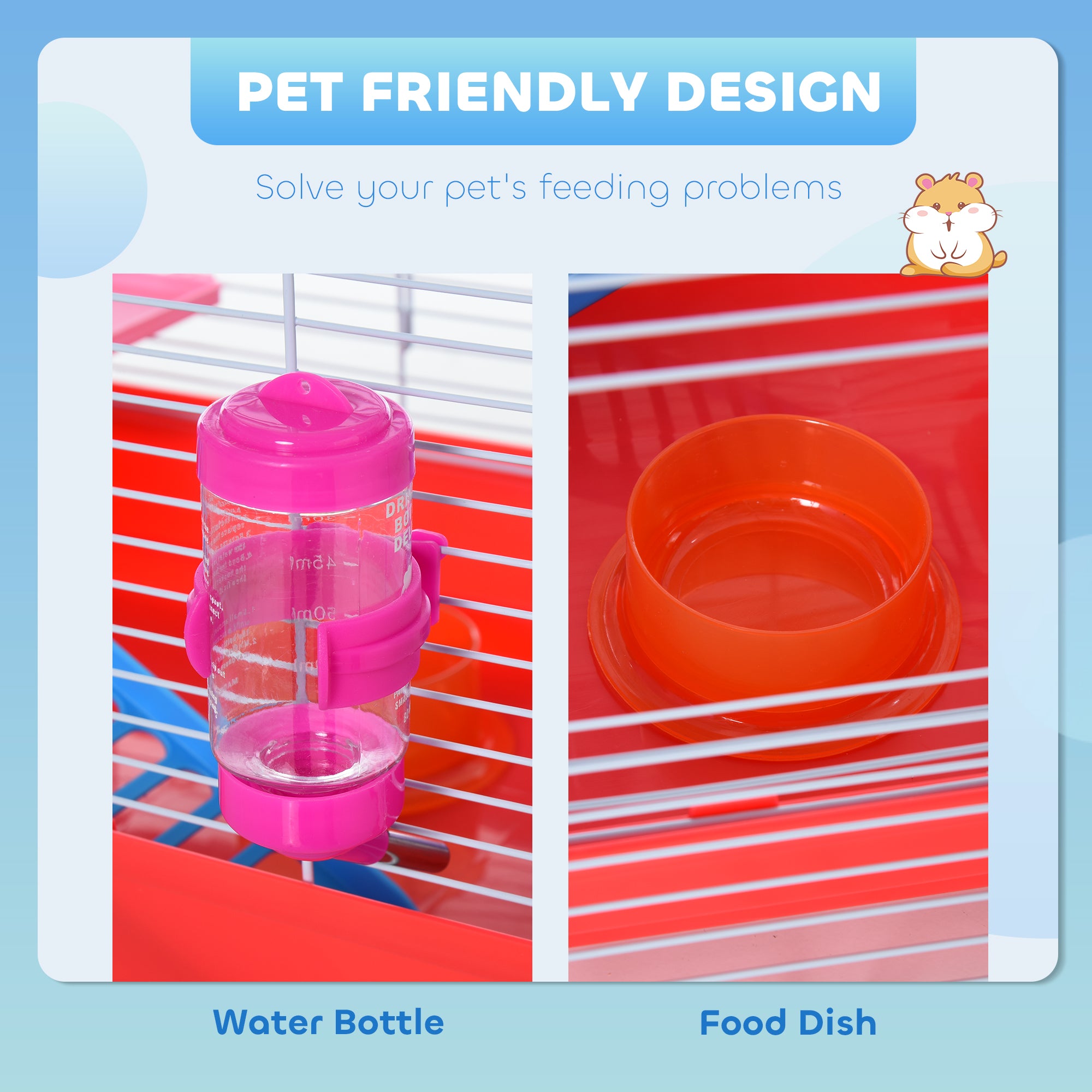 Cage pour hamster de 18.5'' avec roue d’exercice et gamelles-biberon, maison et habitats pour rats, conception à 2 étages, rouge