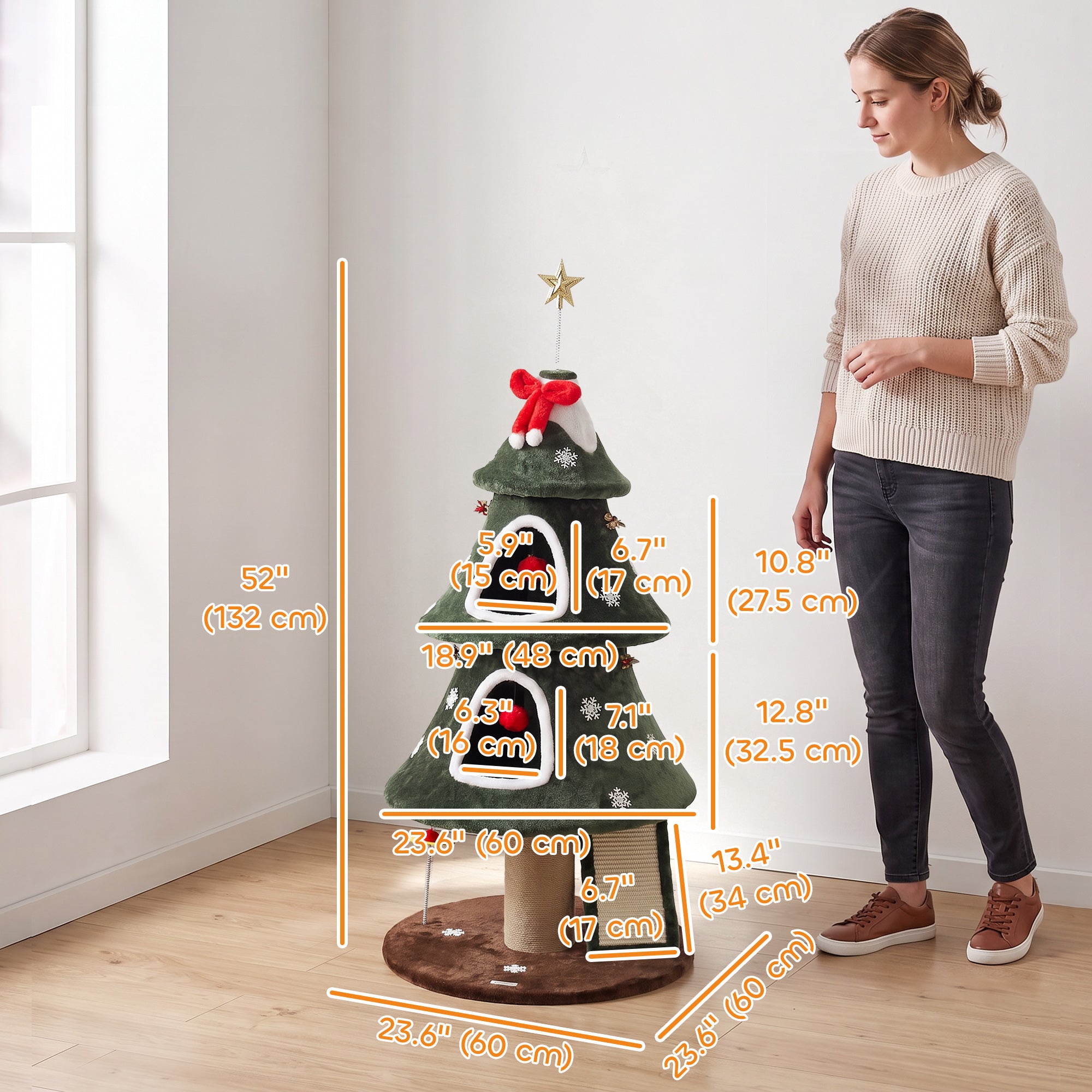 Arbre à chat de Noël de 52", tour pour chat à 2 niveaux avec deux niches, poteaux à griffer, échelle en sisal et corde anti-basculement