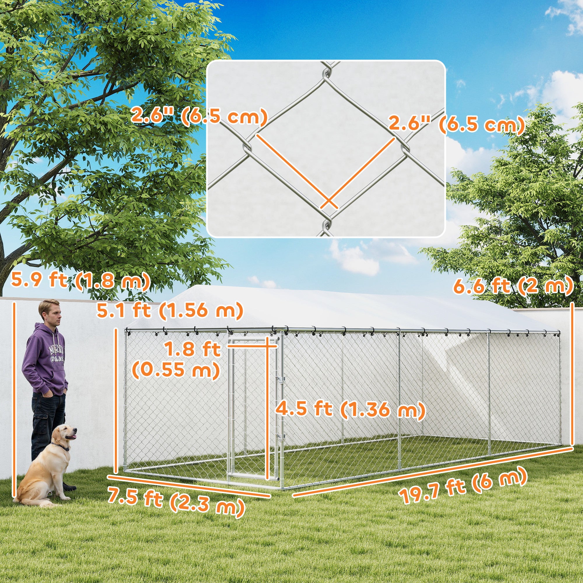 Enclos extérieur pour chiens de 19.7' x 7.5' x 6.6', pour petits, moyens et grands chiens, avec couverture imperméable, argenté