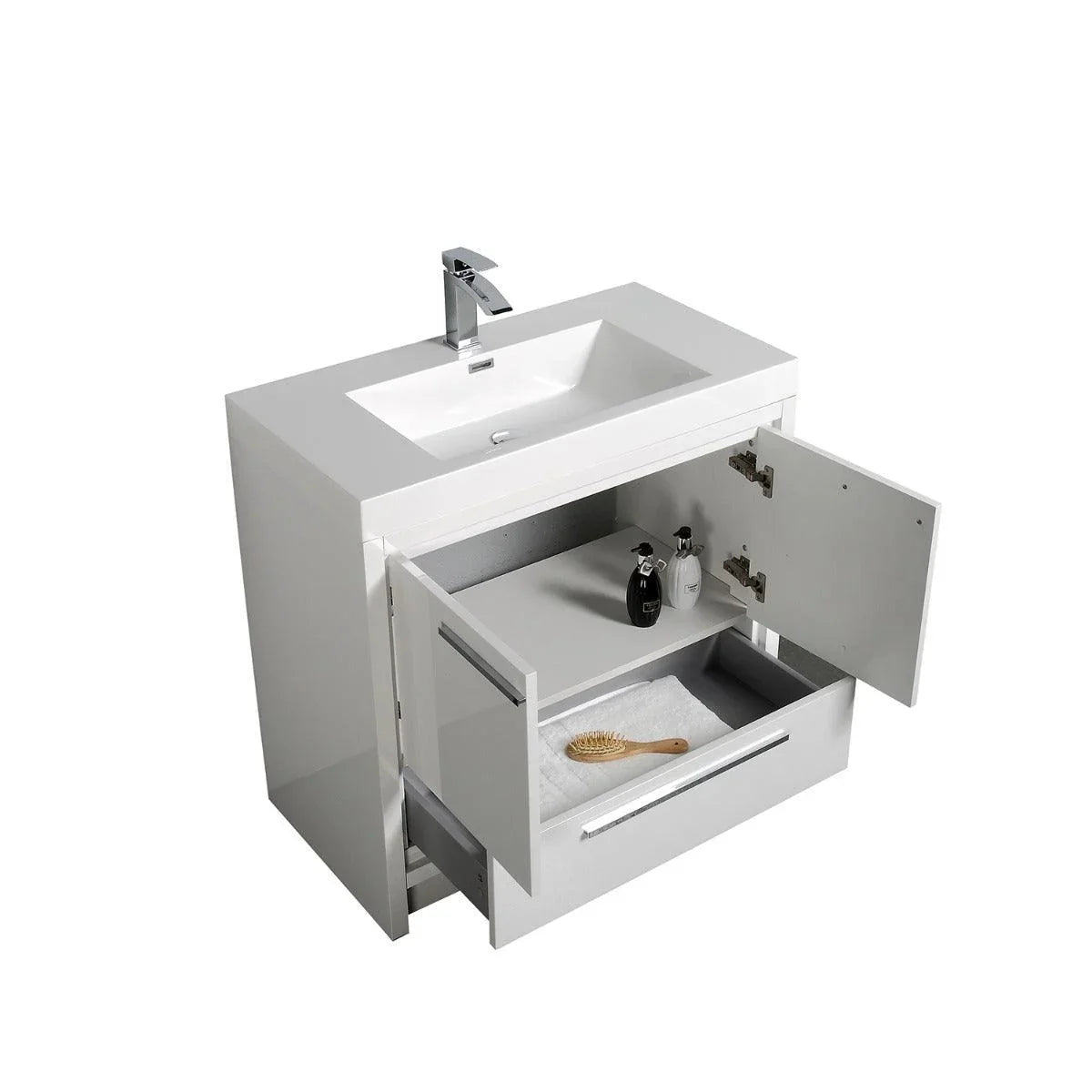 36" Glossy White Freestanding Bathroom Vanity with White Polymarble Countertop
