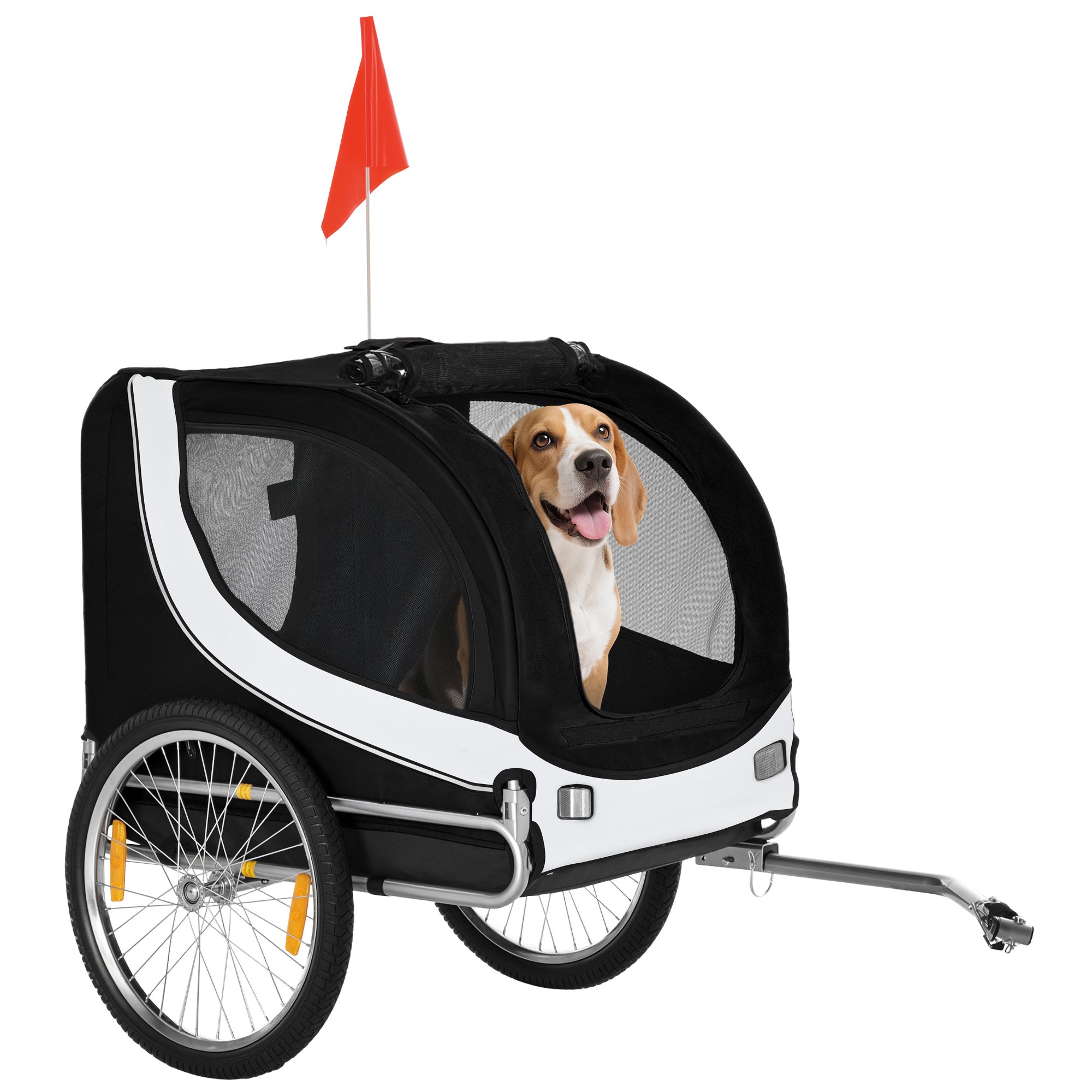 Aosom Dog Bike Trailer, Pet Cart Bicycle, Wagon Cargo Carrier Attachment with Hitch, Reflectors, Flag for Small Medium Dogs, Pet Wheelchair for Travelling, White