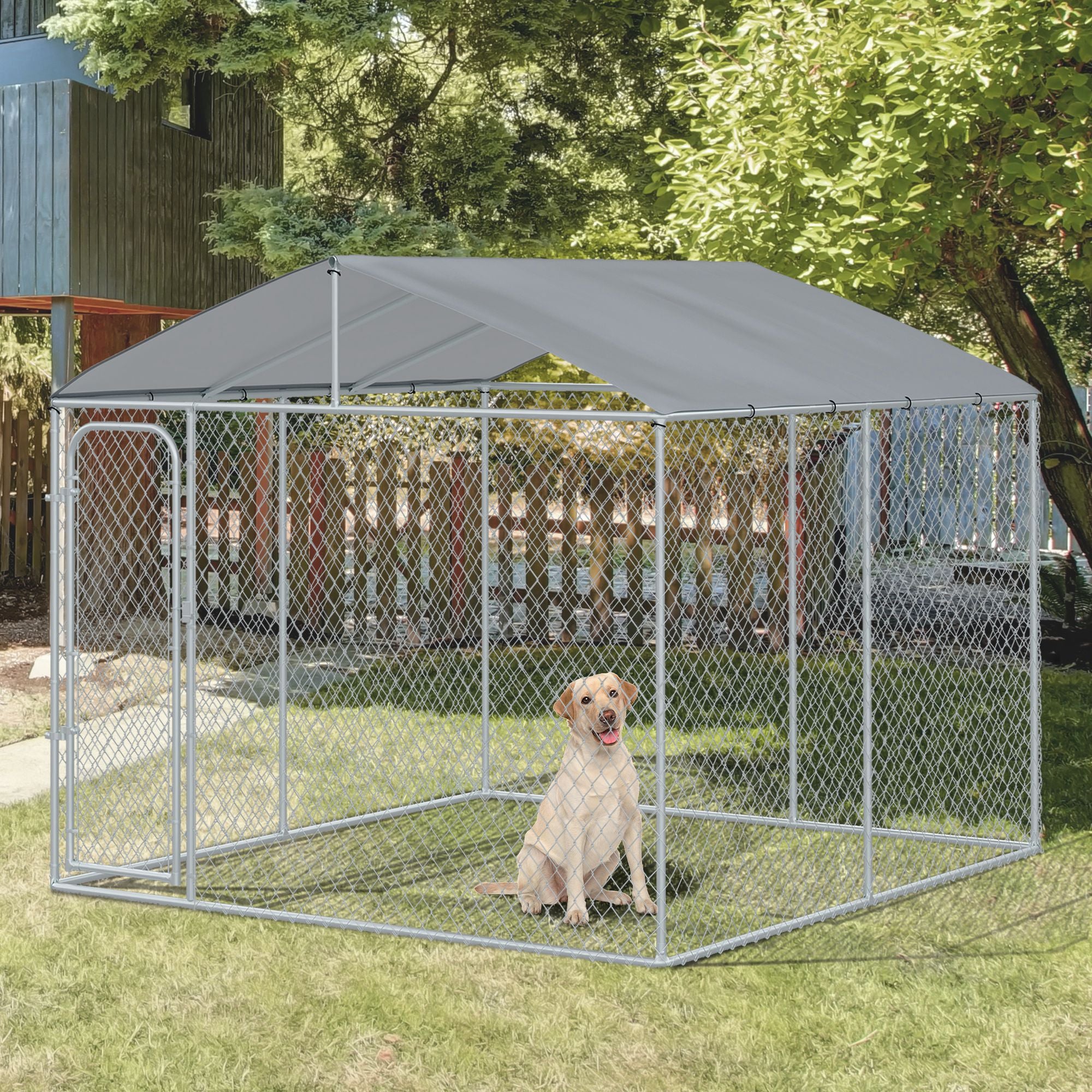 Enclos extérieur pour chien avec toit, serrure en acier et parois latérales grillagées pour jardin et terrasse, 9,8' x 9,8' x 7,7'